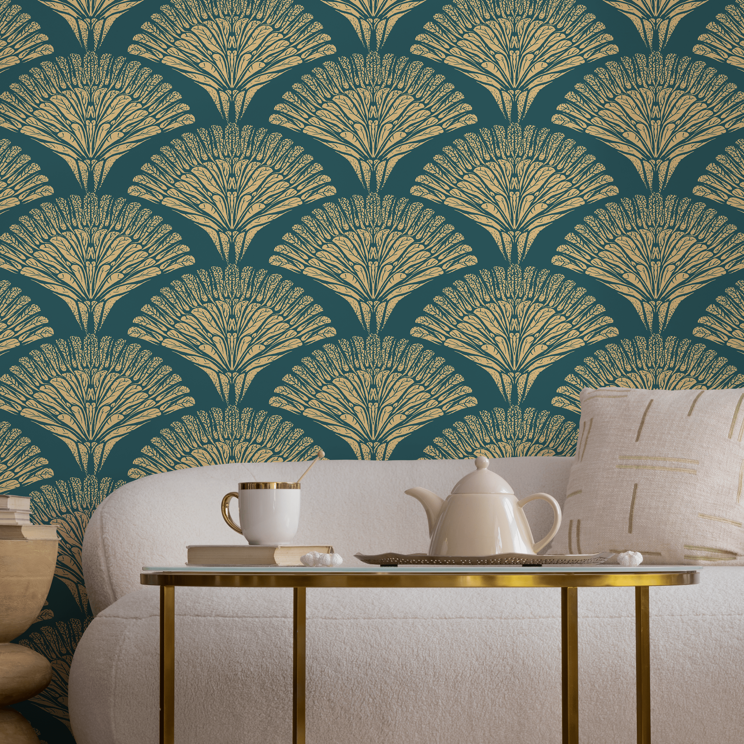 Art Deco Wallpaper With A Stylized Fan Motif In Teal And Gold - C546