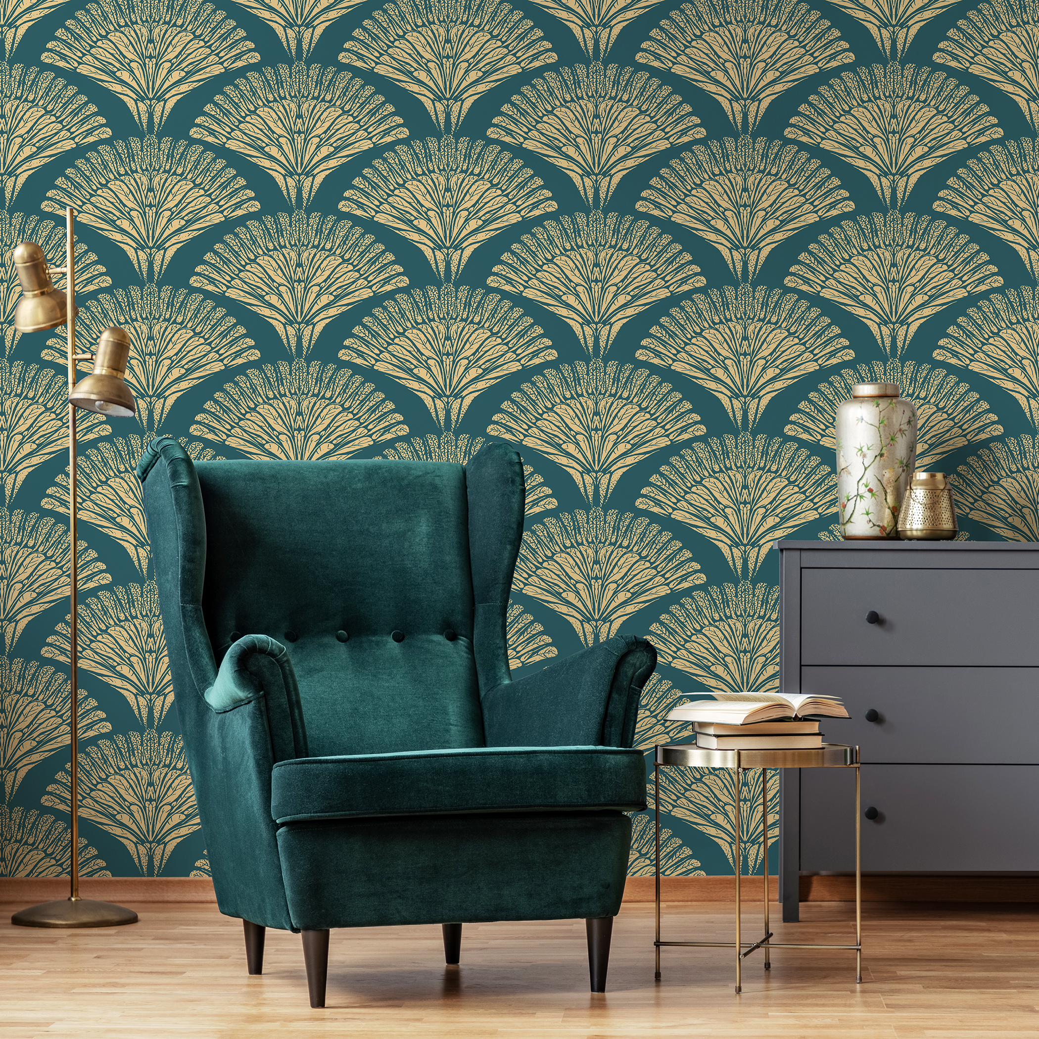 Art Deco Wallpaper With A Stylized Fan Motif In Teal And Gold - C546