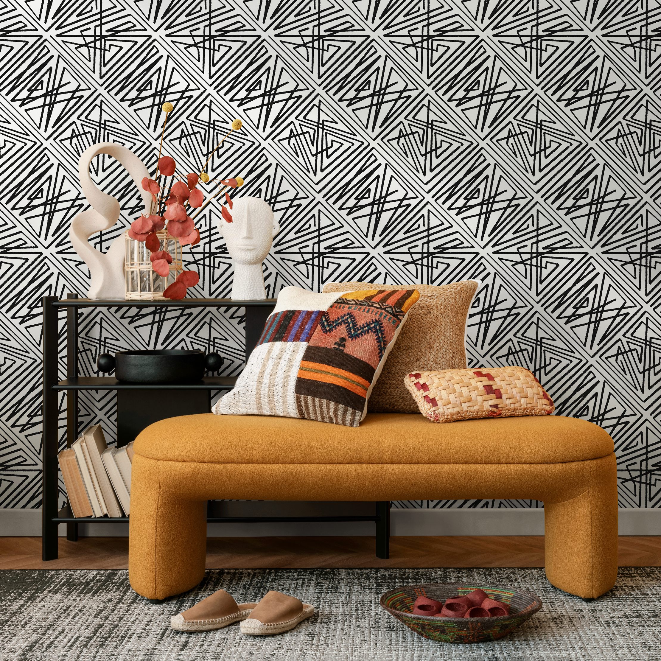 Geometric Wallpaper With Abstract Hand-drawn Triangles In Black And White - C547