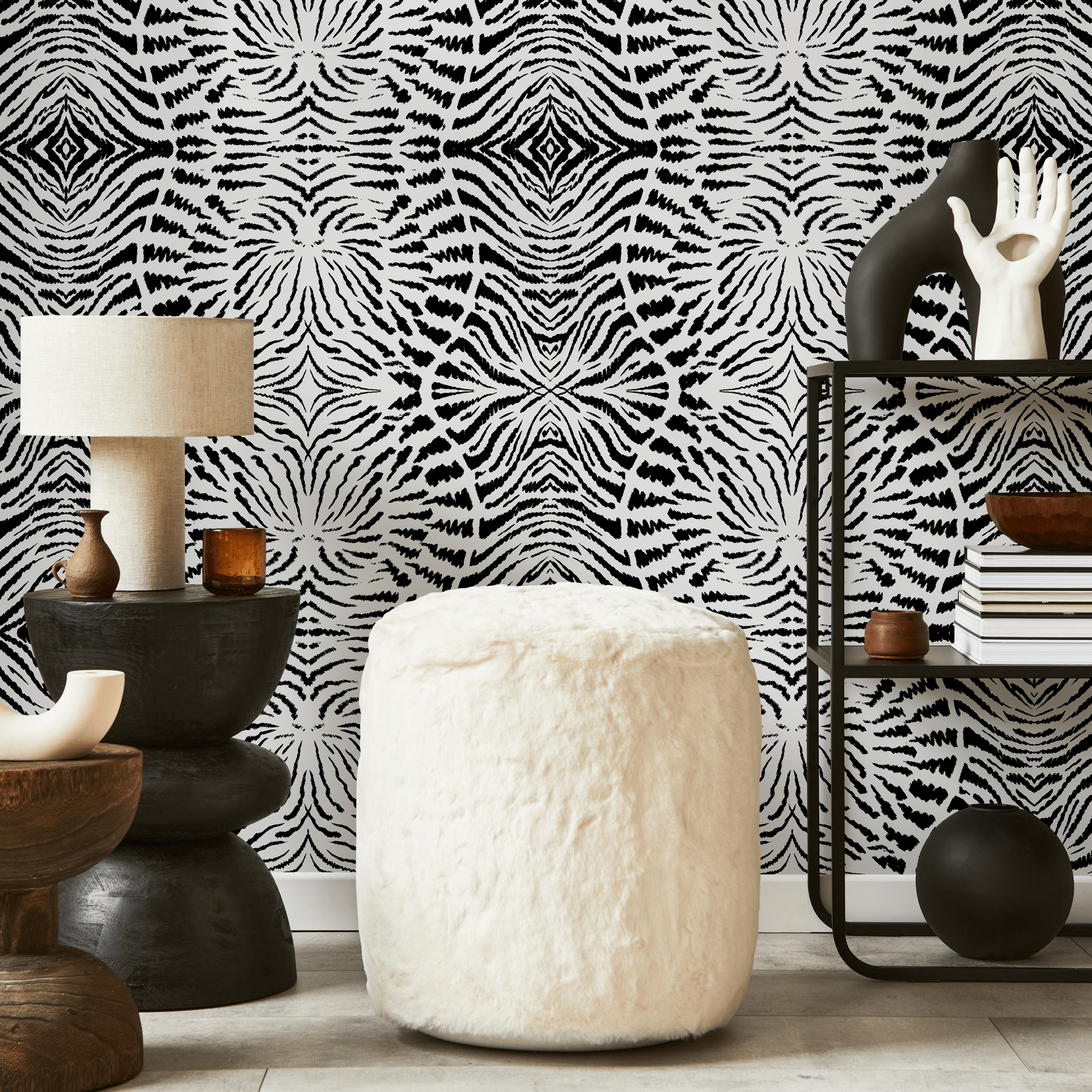 Abstract Wallpaper With A Symmetrical Zebra Stripe Motif In Black And White - C548