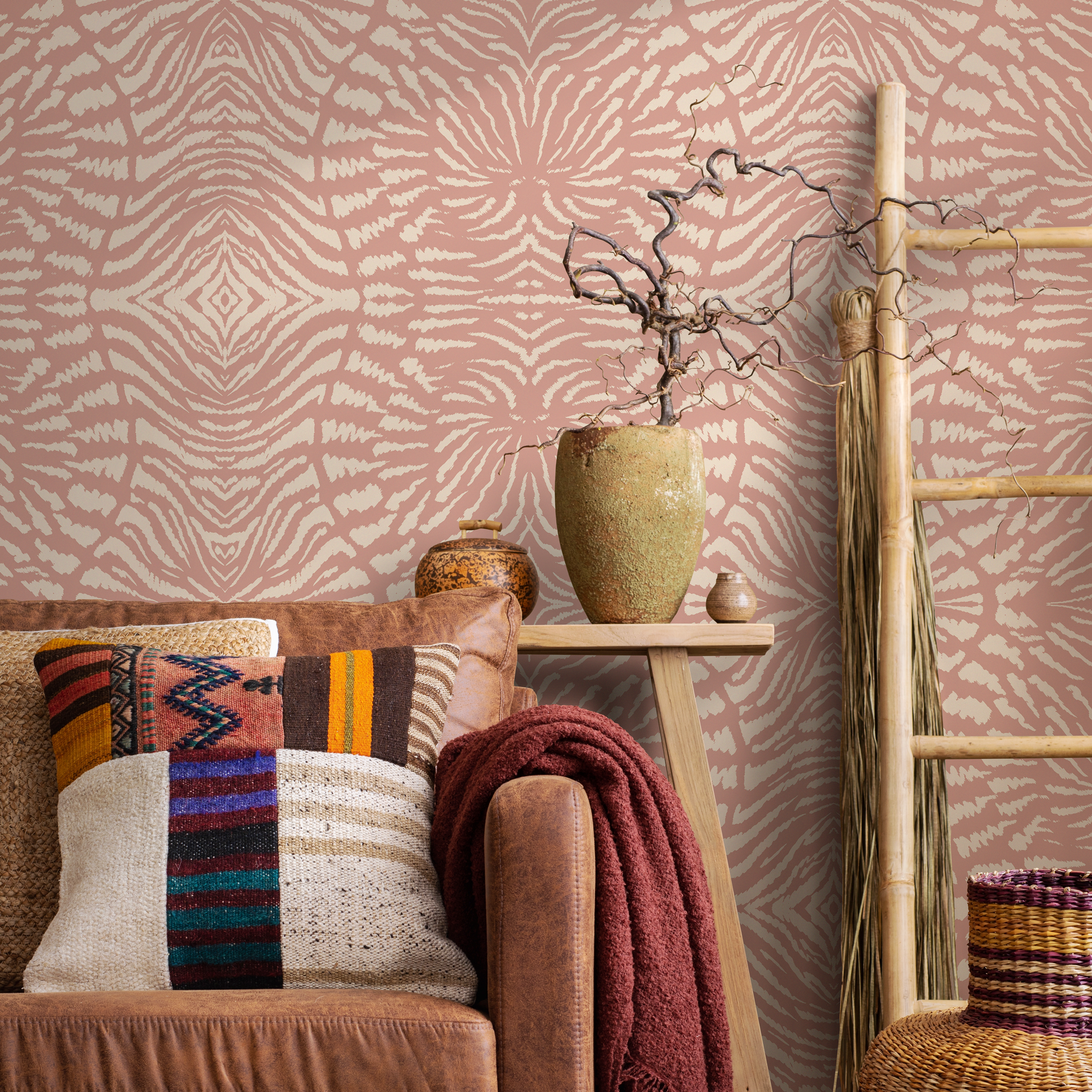 Abstract Wallpaper With A Symmetrical Ikat Motif In Pink And Cream - C549