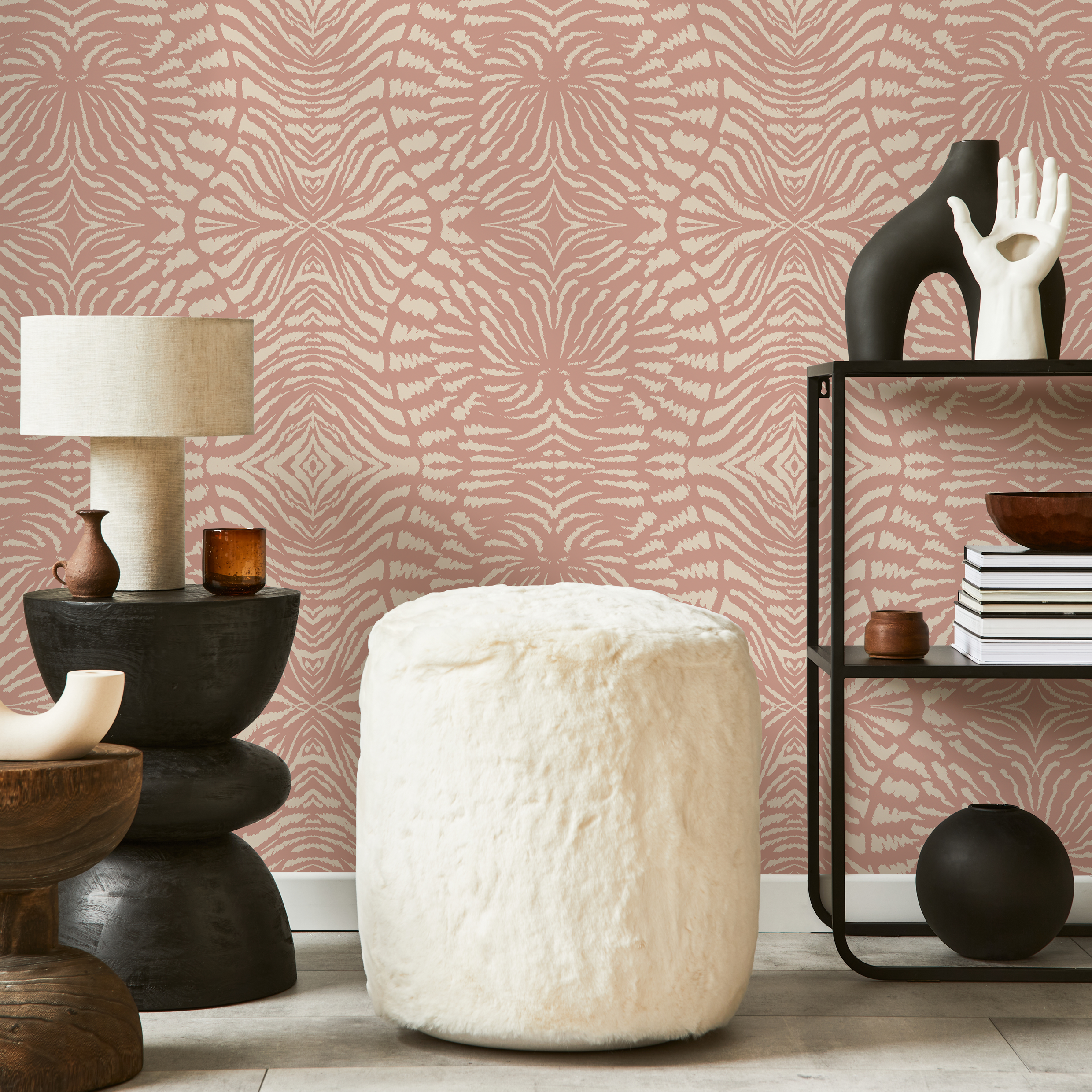 Abstract Wallpaper With A Symmetrical Ikat Motif In Pink And Cream - C549