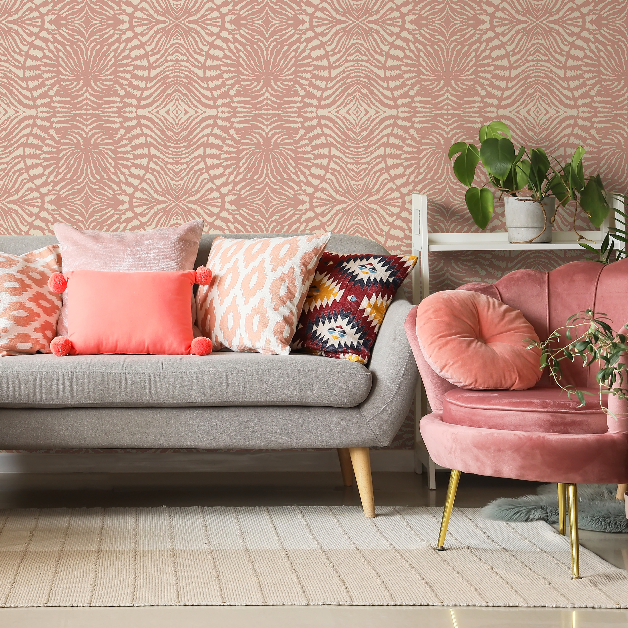 Abstract Wallpaper With A Symmetrical Ikat Motif In Pink And Cream - C549