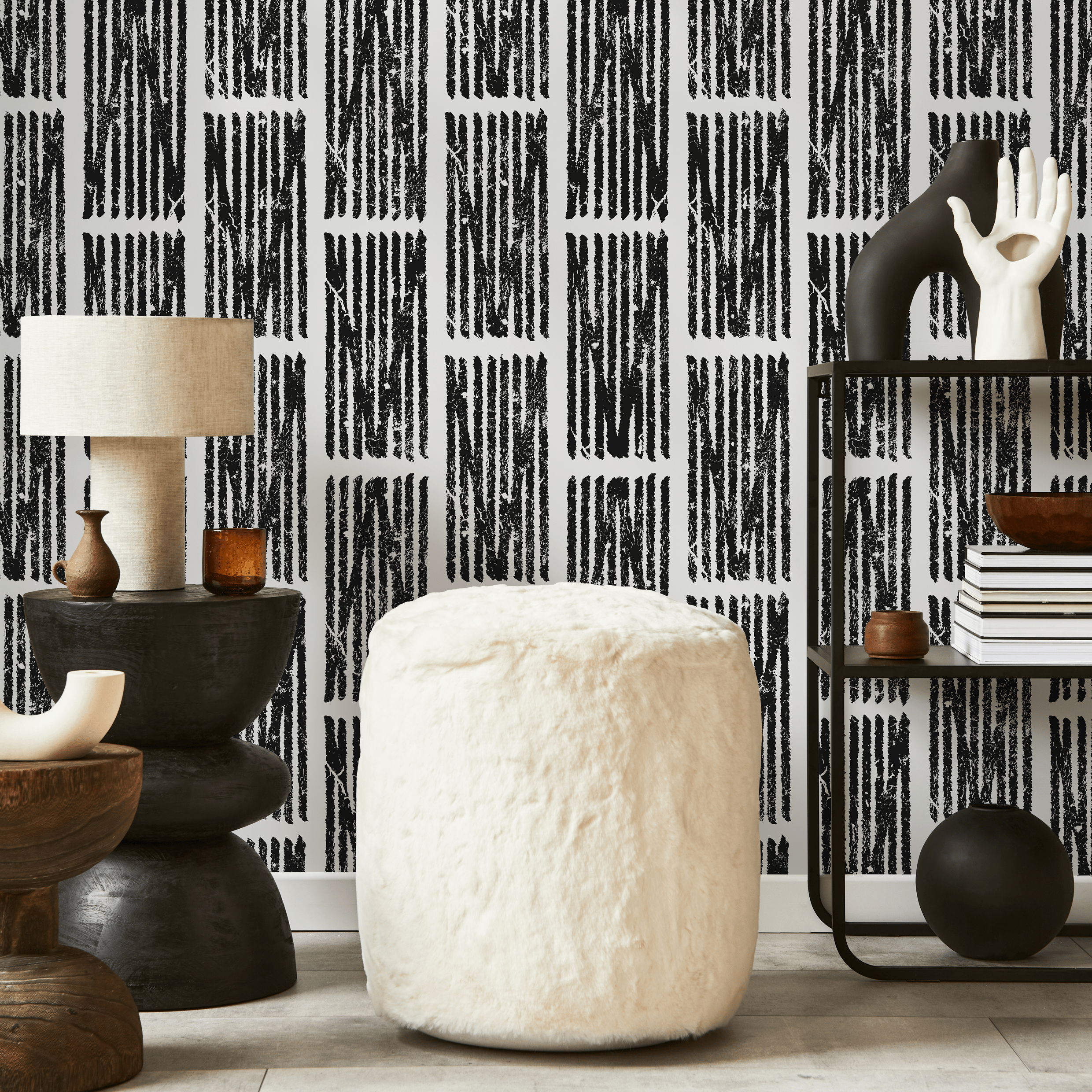 Geometric Wallpaper With A Distressed Block Print Motif In Black And White - C550