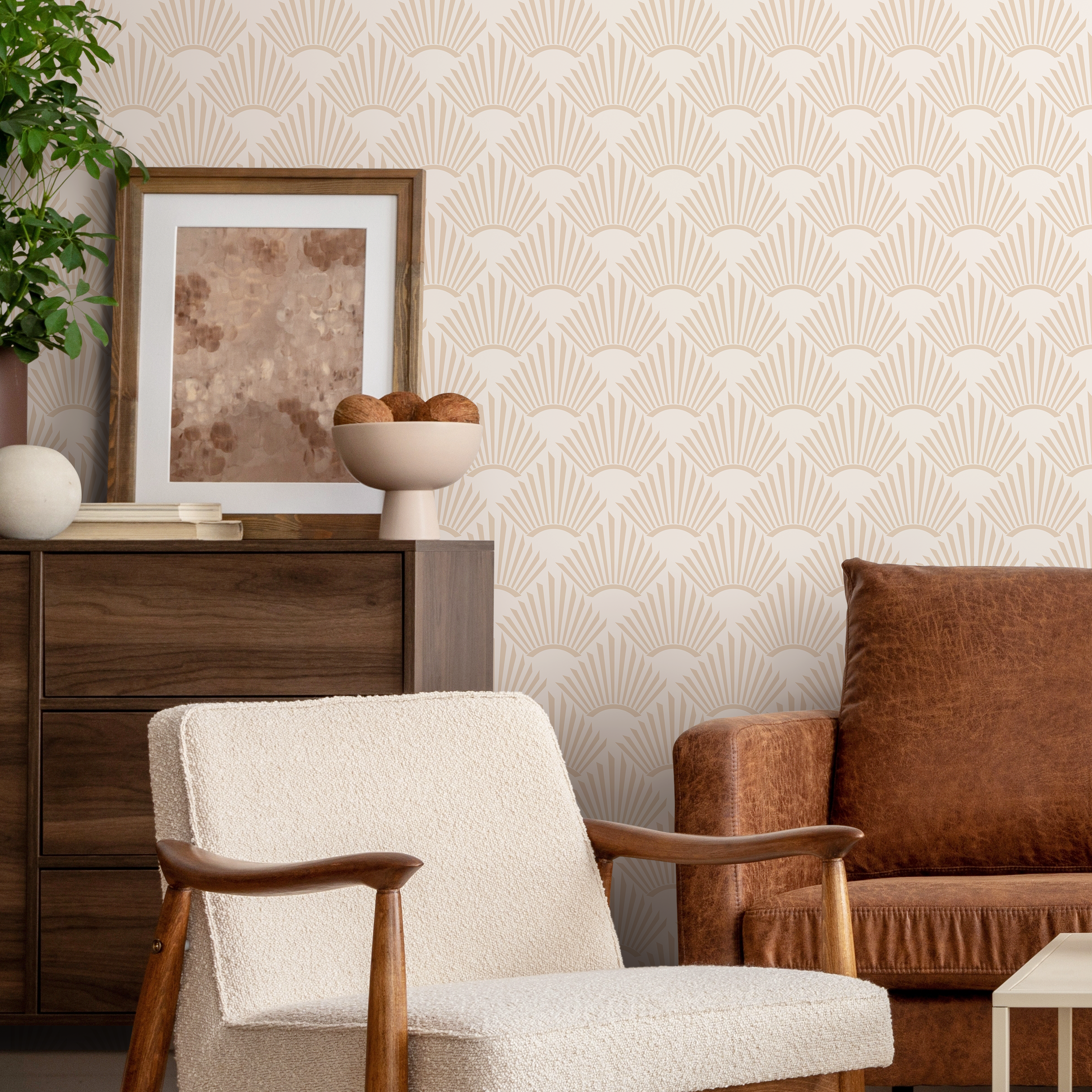 Art Deco Wallpaper With A Stylized Fan Motif In Light Brown And Beige - C552