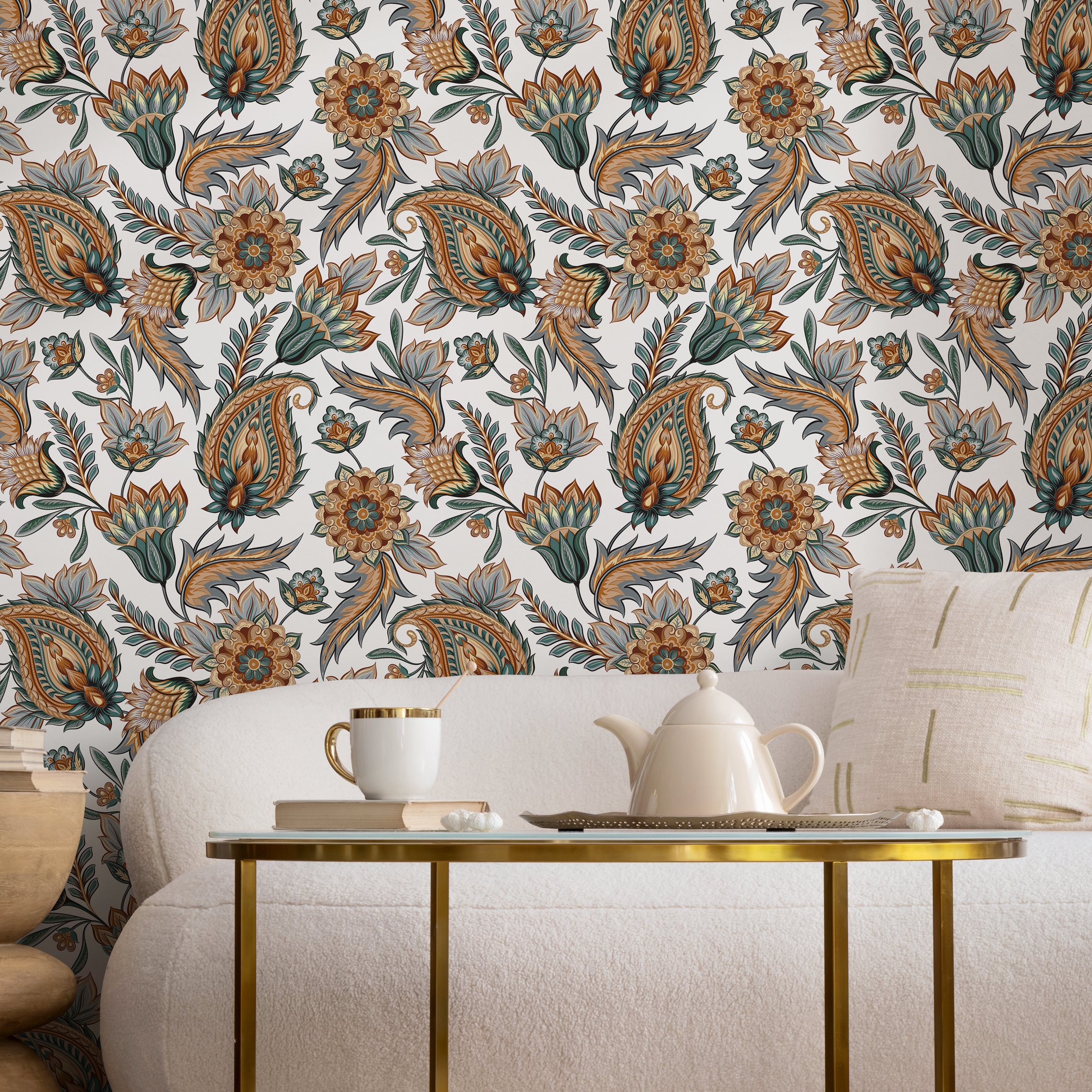 Paisley Wallpaper With Ornate Floral Details In Teal, Orange, And Blue - C553