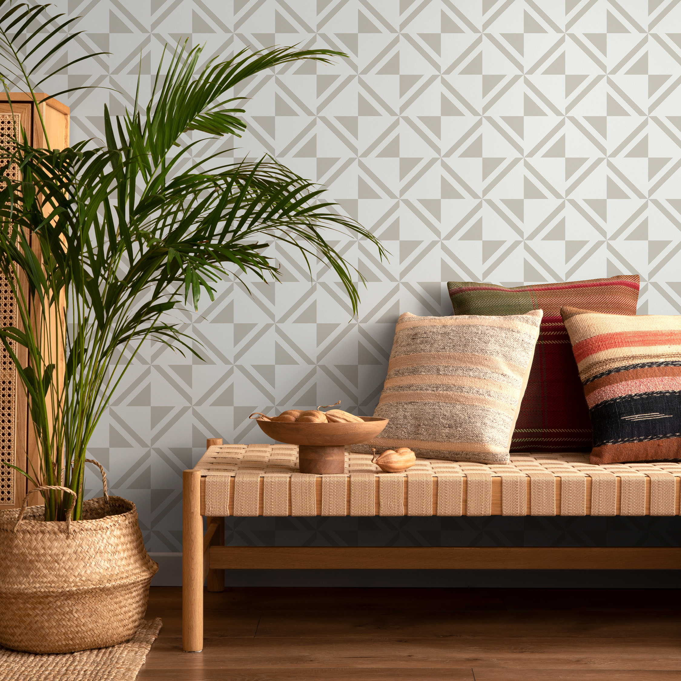 Geometric Wallpaper With A Tiled Triangle Motif In Beige - C555