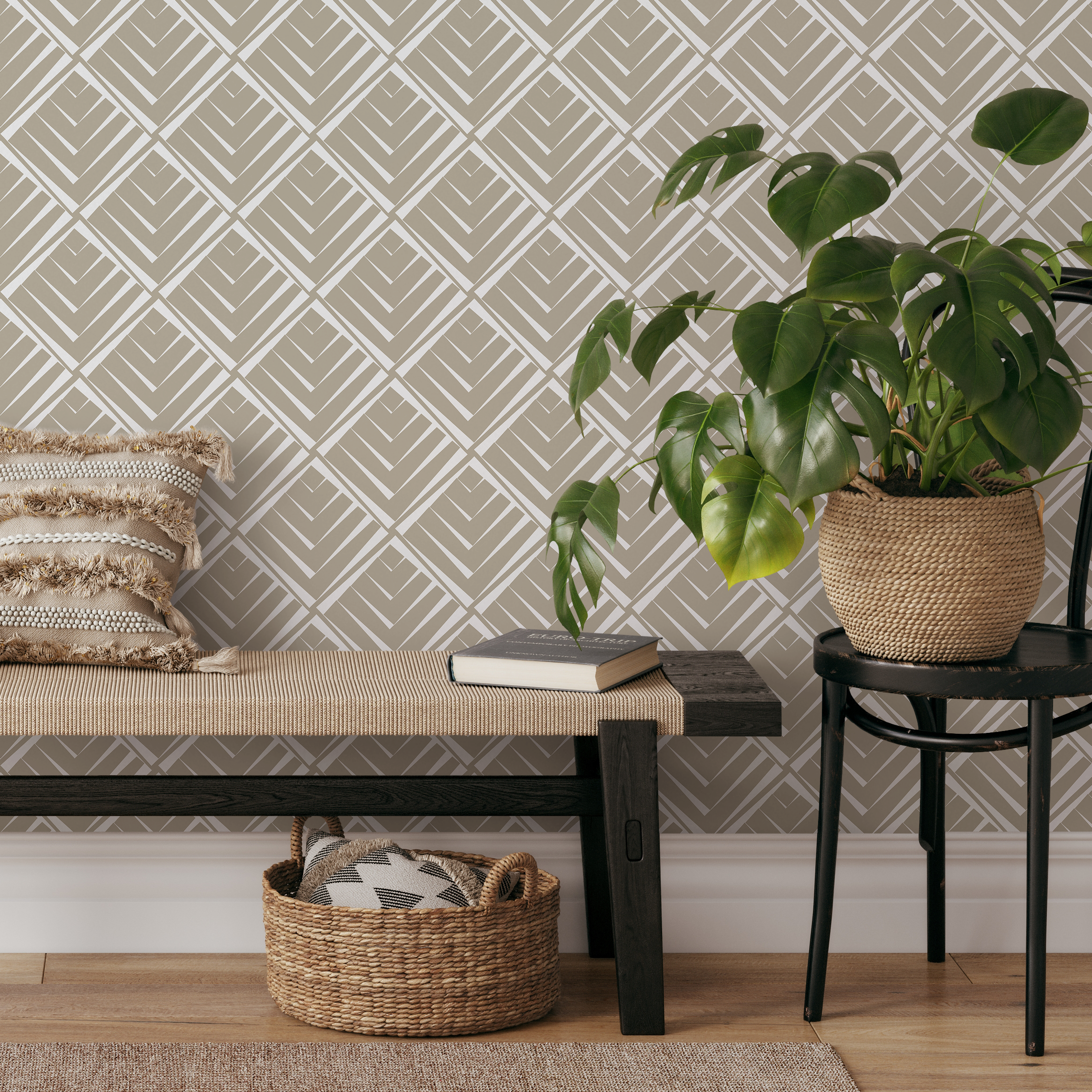 Art Deco Wallpaper With A Geometric Diamond Pattern In Beige And White - C566