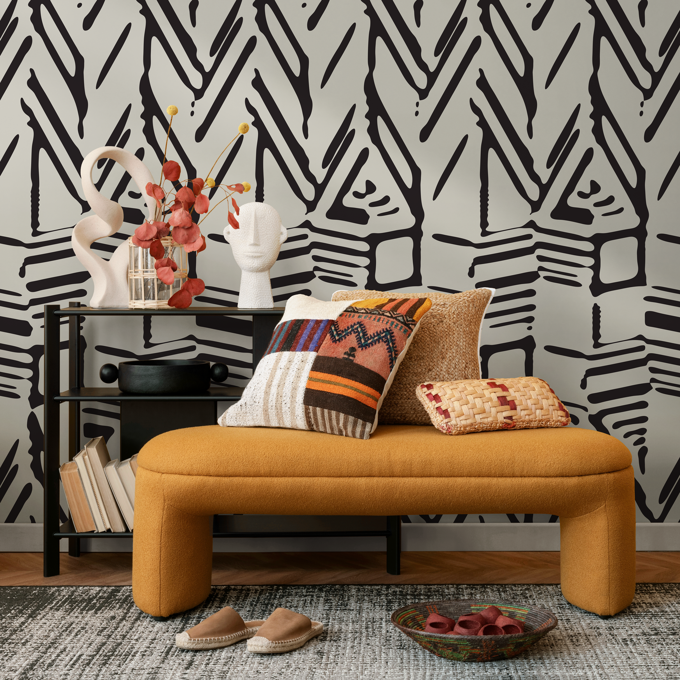 Abstract Wallpaper With A Bold Block Print Motif In Black And Beige - C568