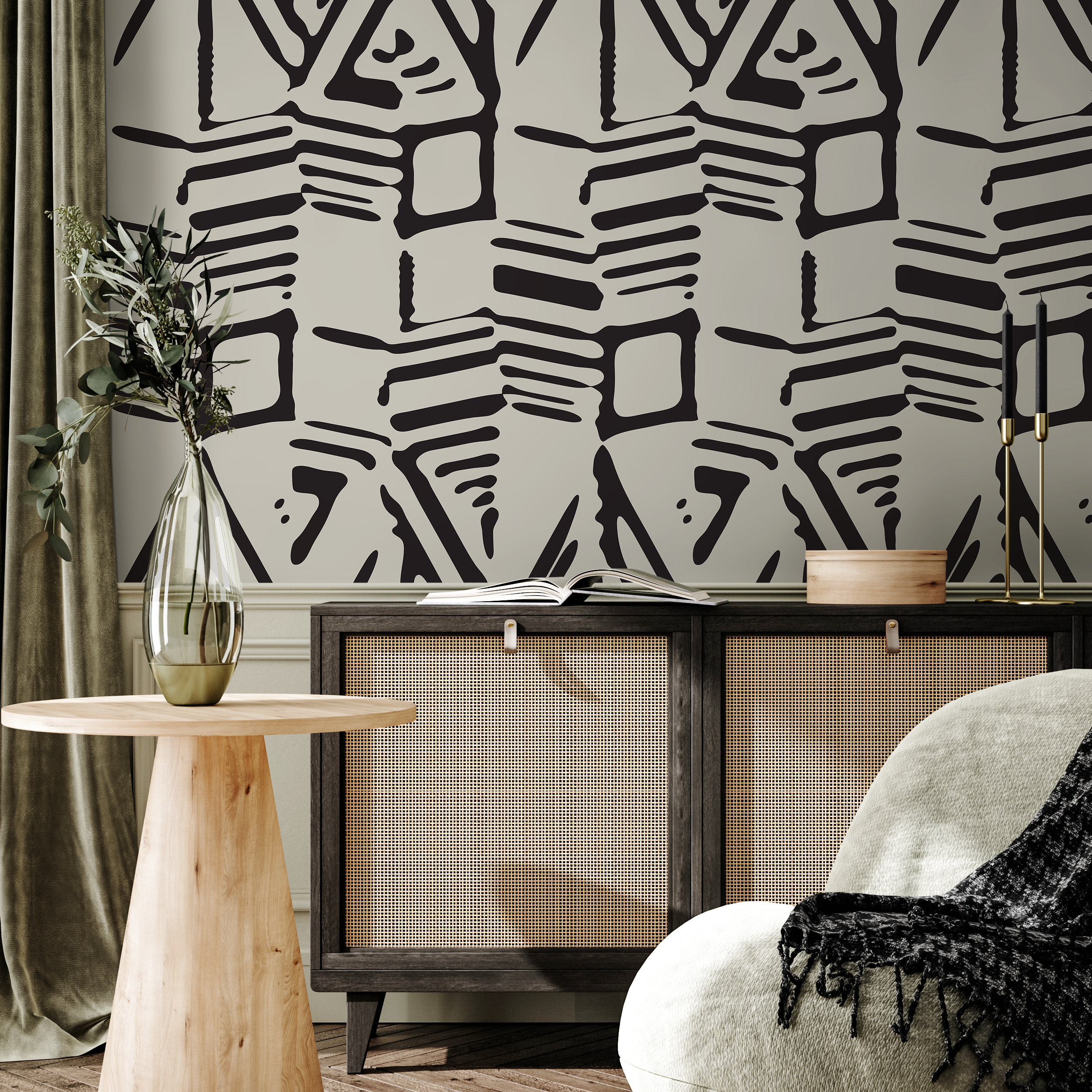 Abstract Wallpaper With A Bold Block Print Motif In Black And Beige - C568