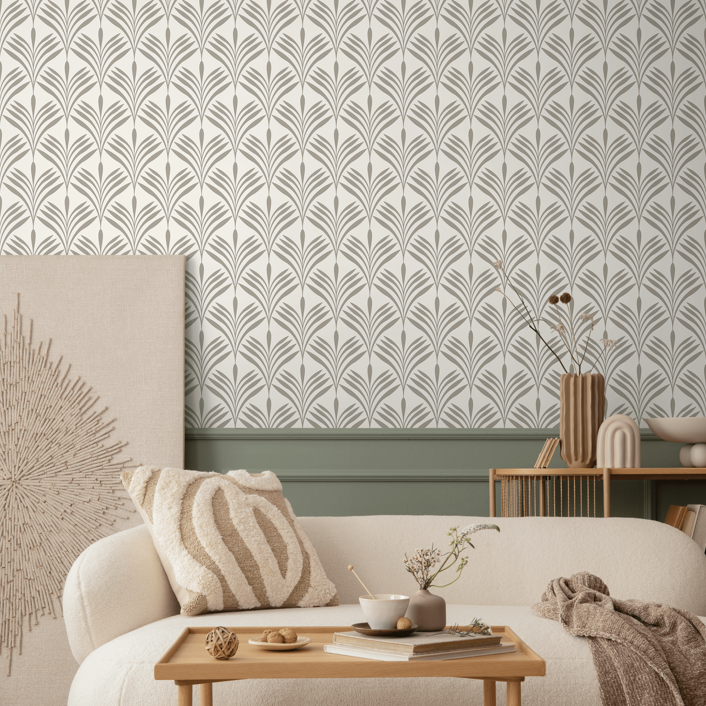 Art Deco Wallpaper With A Stylized Fan Motif In Beige - C570