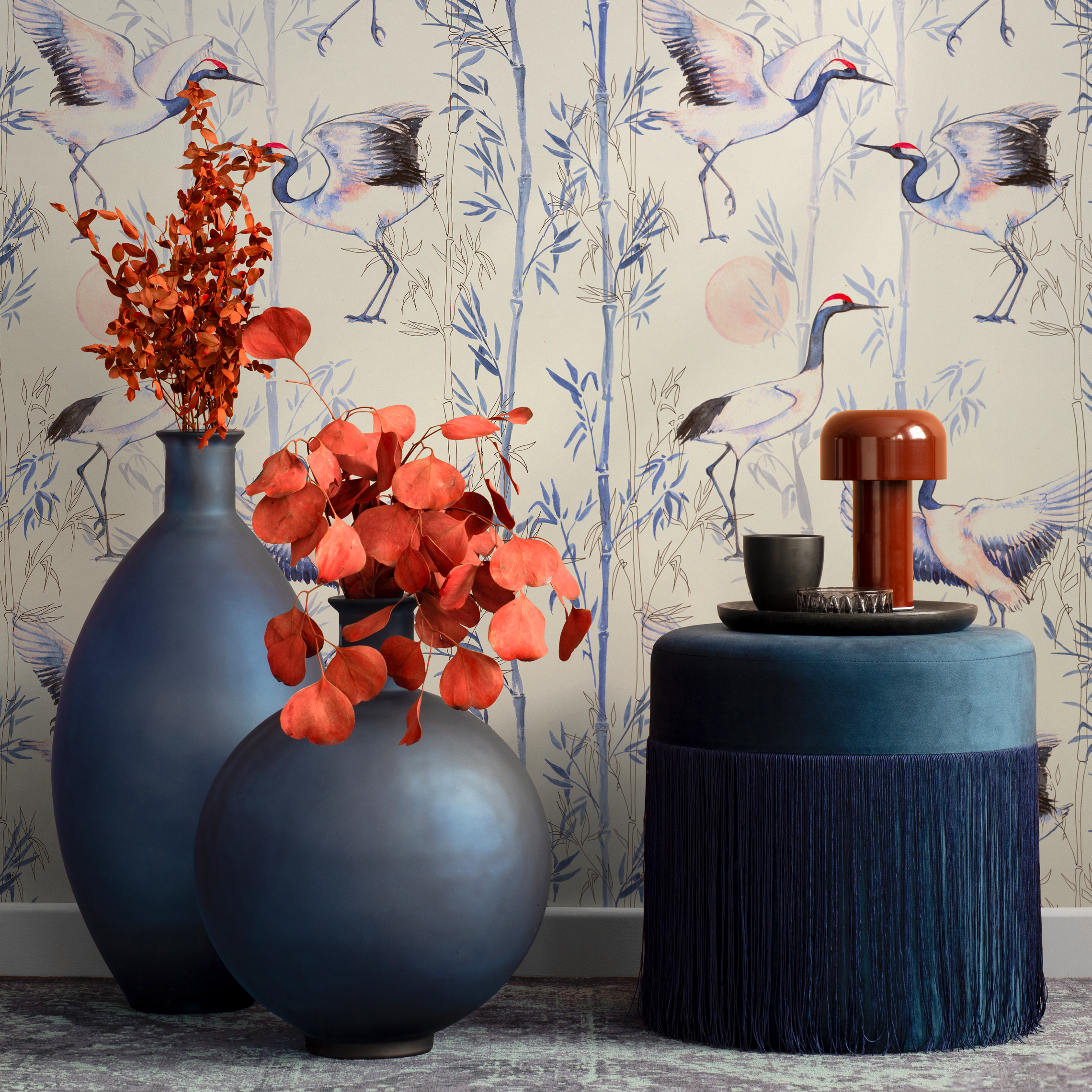 Chinoiserie Wallpaper With Cranes And Bamboo In Blue, Beige, And Red - C573