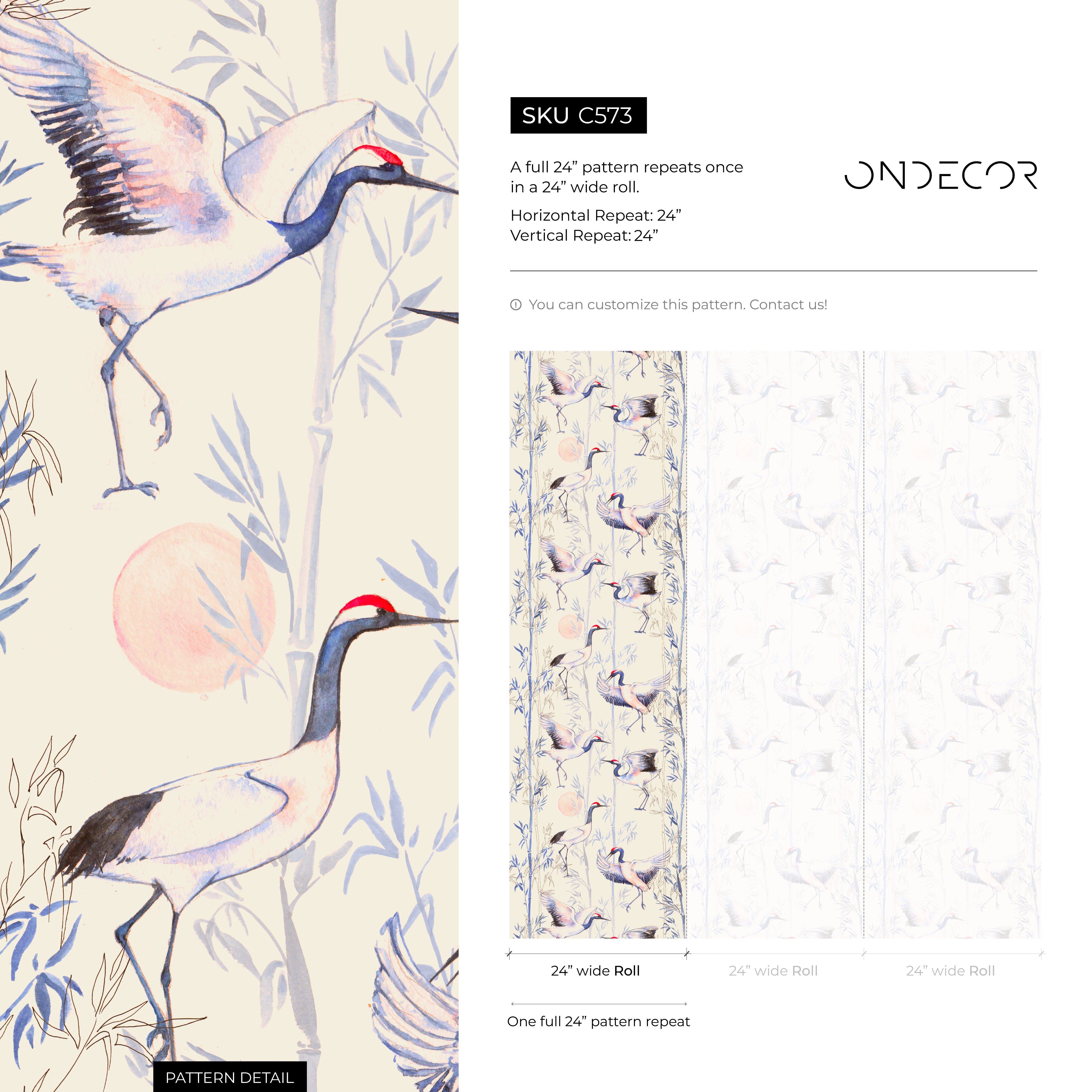 Chinoiserie Wallpaper With Cranes And Bamboo In Blue, Beige, And Red - C573