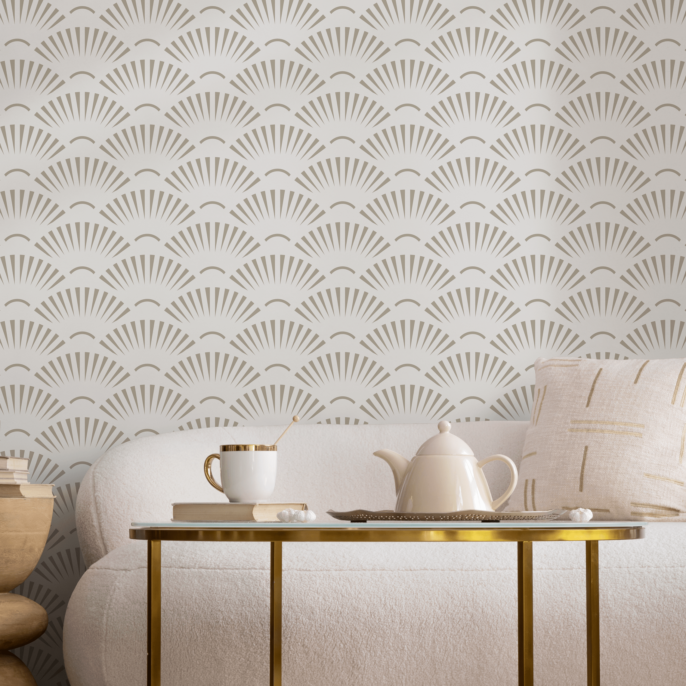 Art Deco Wallpaper With A Geometric Fan Motif In Beige - C574