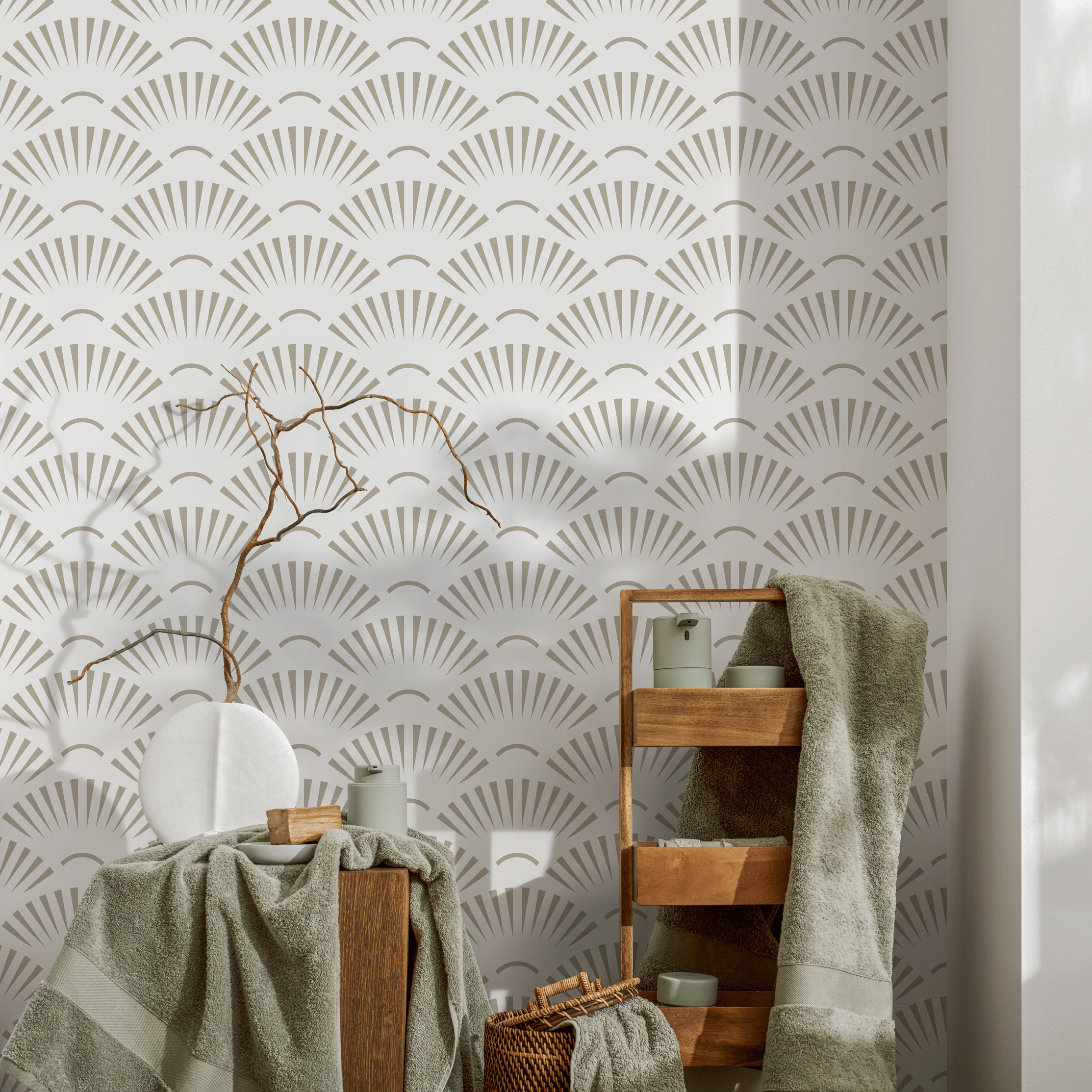 Art Deco Wallpaper With A Geometric Fan Motif In Beige - C574