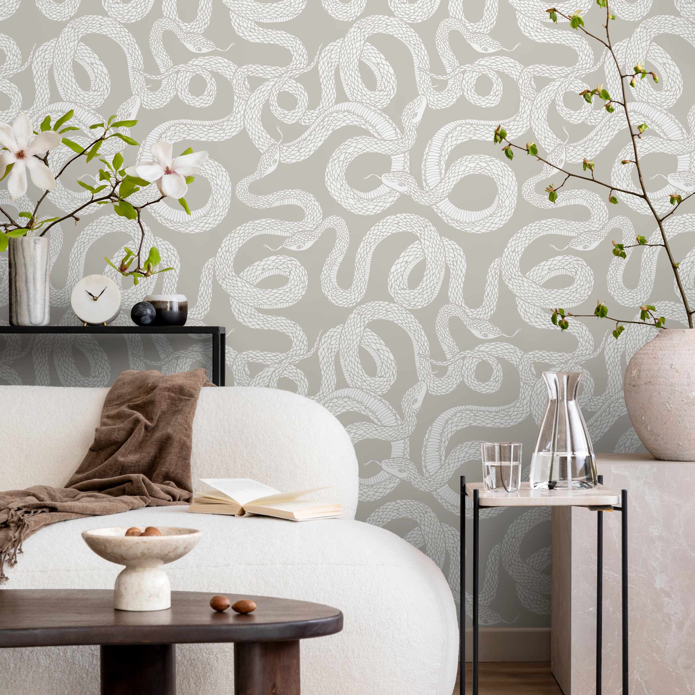 Snake Wallpaper With An Intertwined Serpent Motif In Beige And White - C575