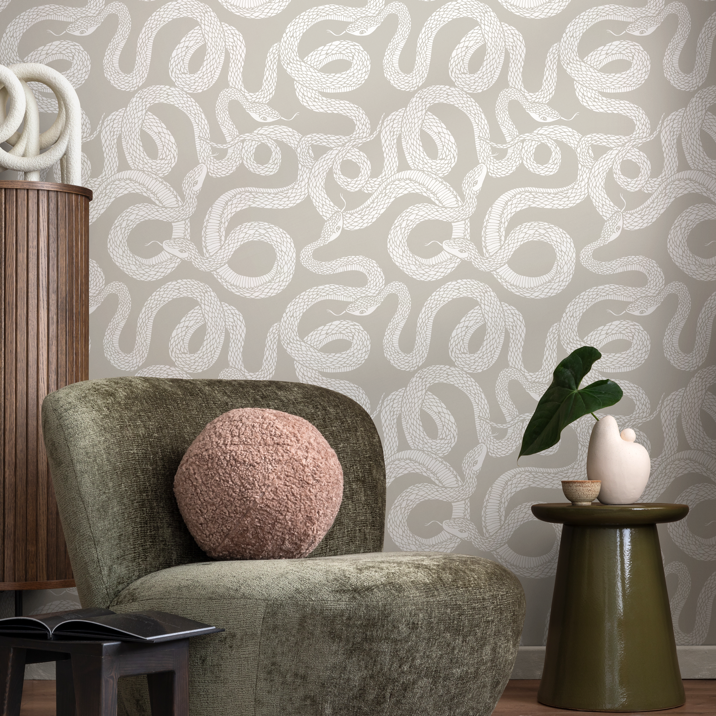 Snake Wallpaper With An Intertwined Serpent Motif In Beige And White - C575