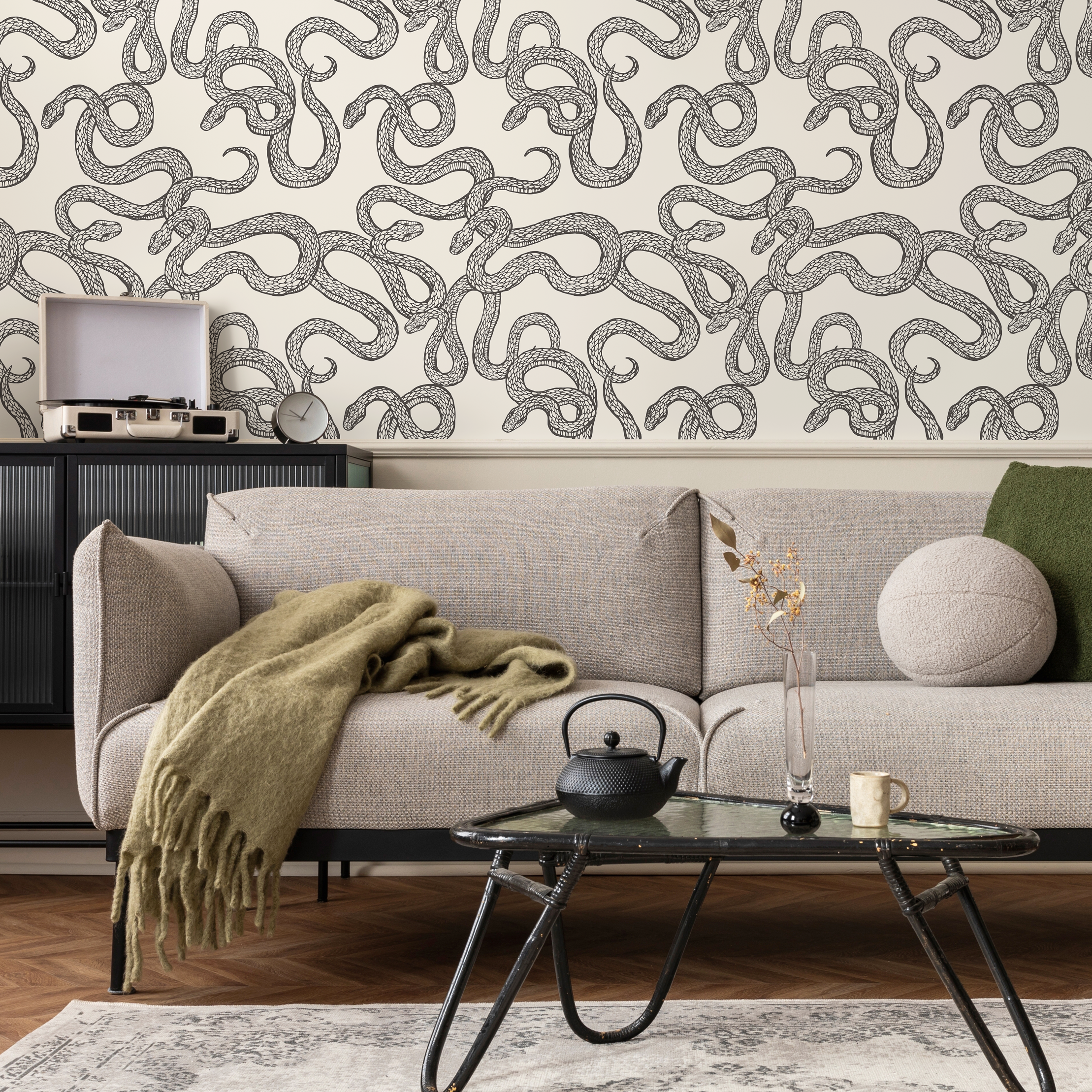 Snake Wallpaper With An Intricate Serpentine Motif In Gray And Black - C576