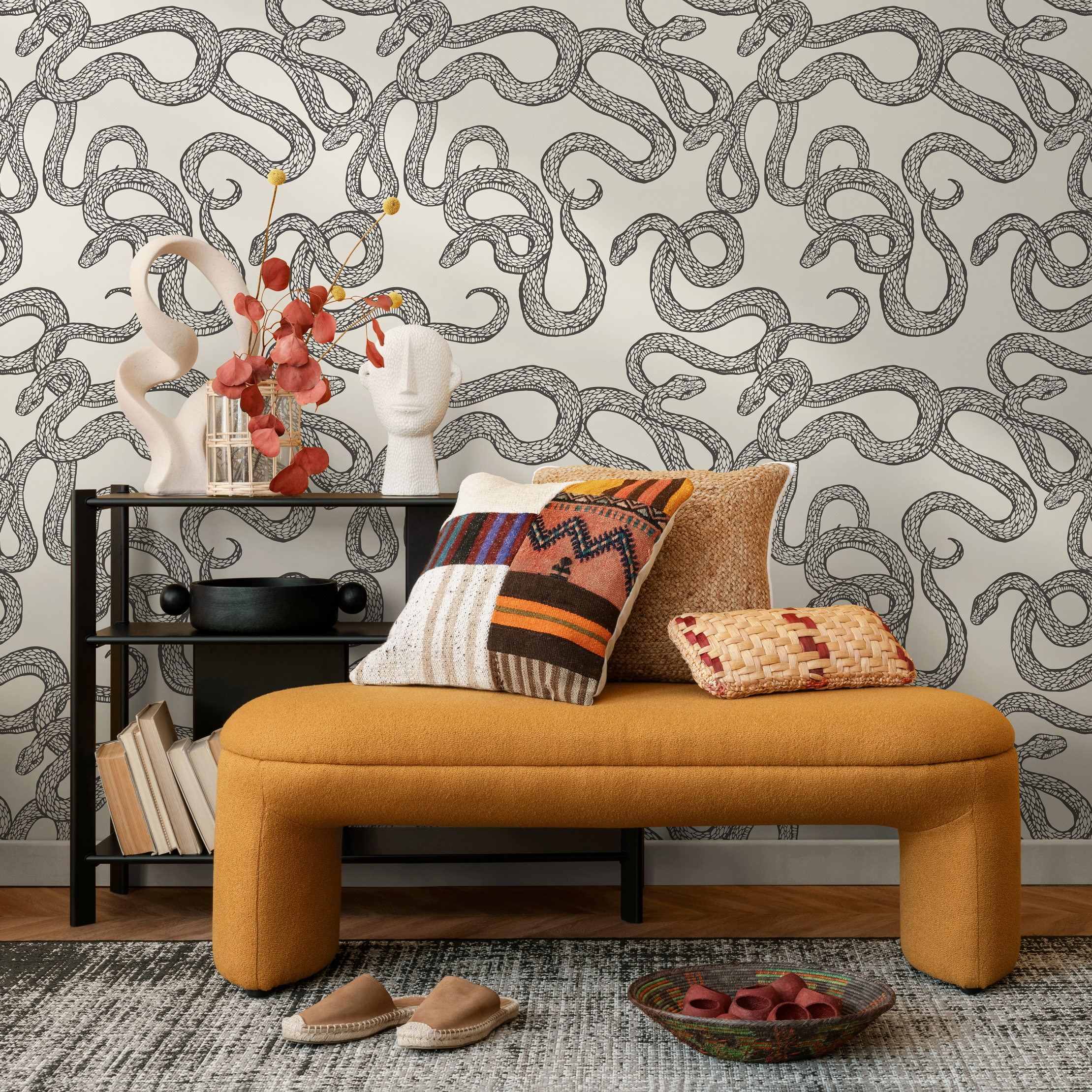 Snake Wallpaper With An Intricate Serpentine Motif In Gray And Black - C576