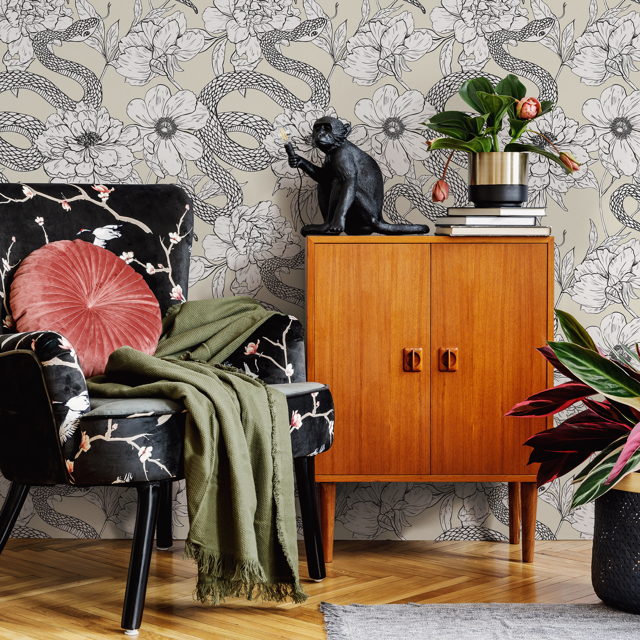 Gothic Wallpaper With A Snake And Peony Motif In Beige, Black, And White - C577