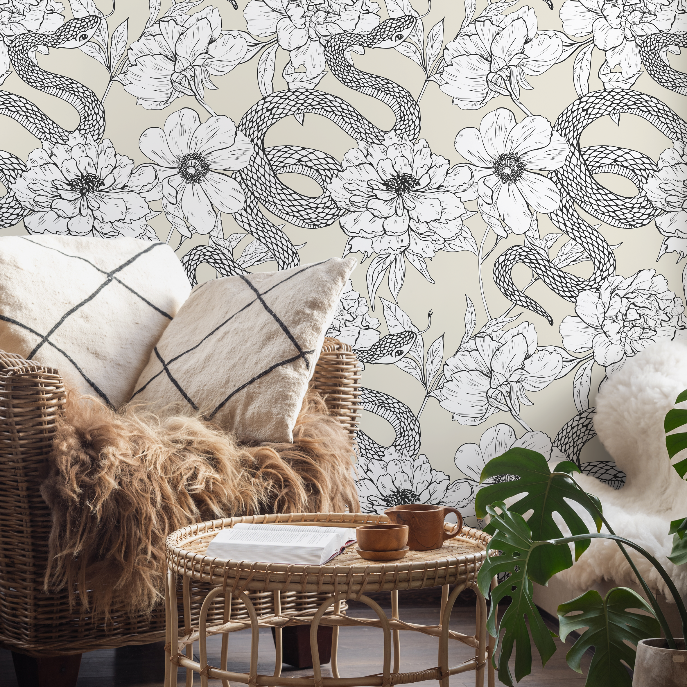 Gothic Wallpaper With A Snake And Peony Motif In Beige, Black, And White - C577
