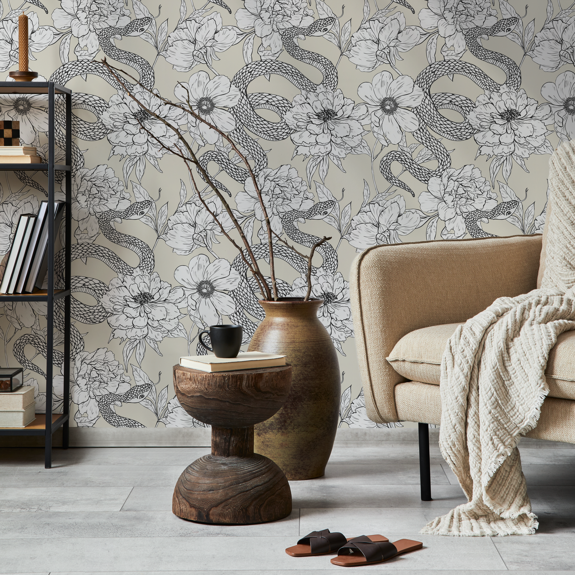 Gothic Wallpaper With A Snake And Peony Motif In Beige, Black, And White - C577