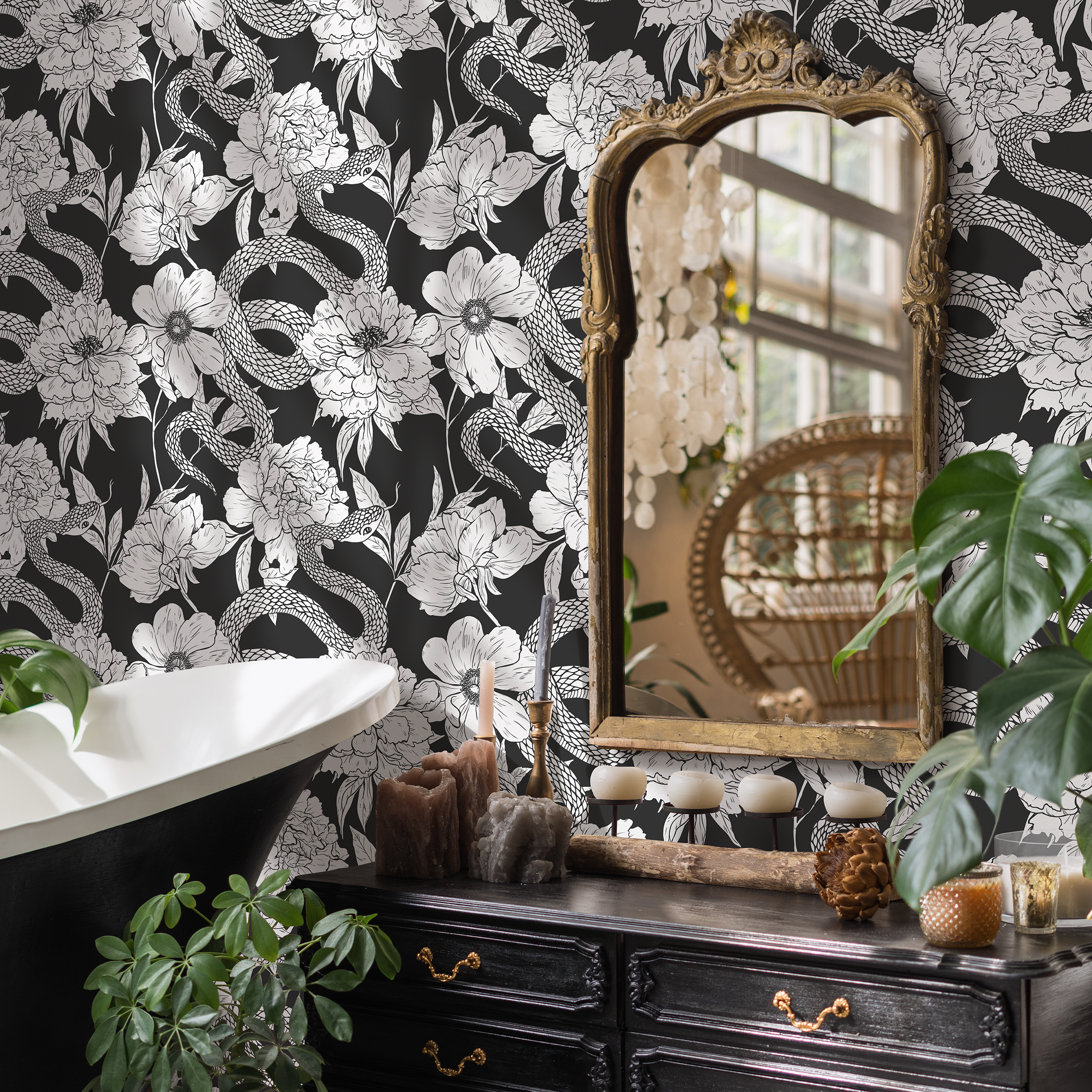 Animal Wallpaper With A Winding Serpent And Peony Motif In Gray And Black - C578