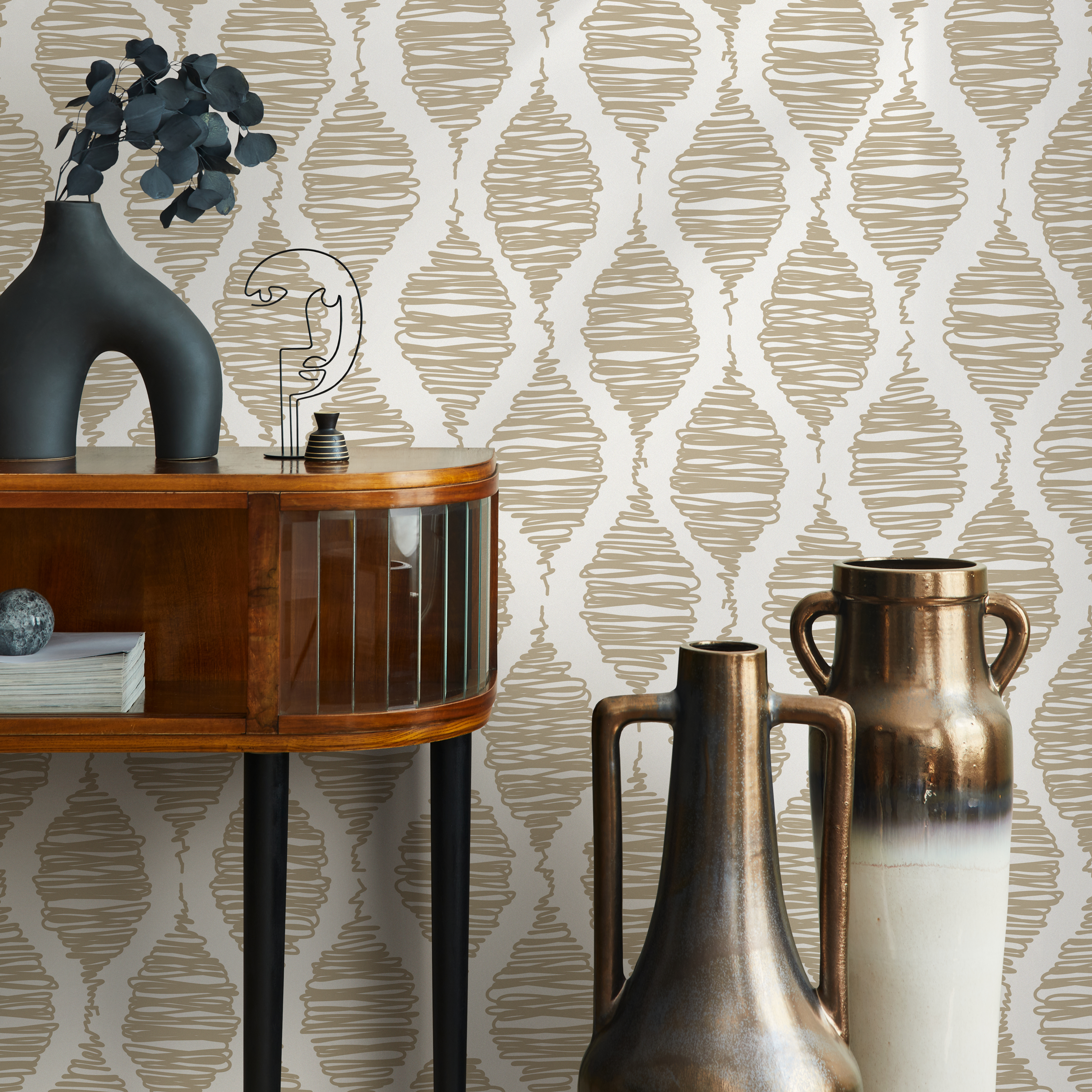Abstract Wallpaper With Wavy Scribbled Diamonds In Beige - C580
