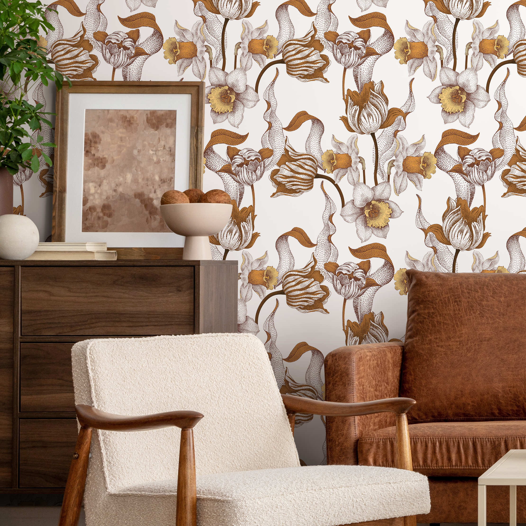 Floral Wallpaper With Pointillism Daffodils In Brown, Yellow, And Beige - C581