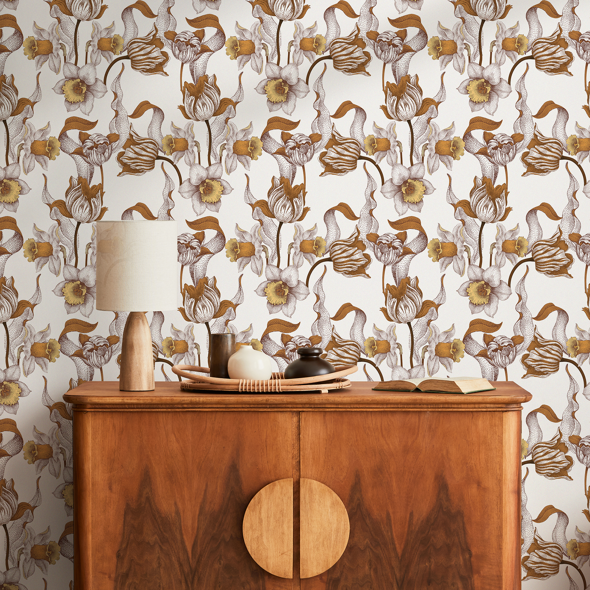 Floral Wallpaper With Pointillism Daffodils In Brown, Yellow, And Beige - C581