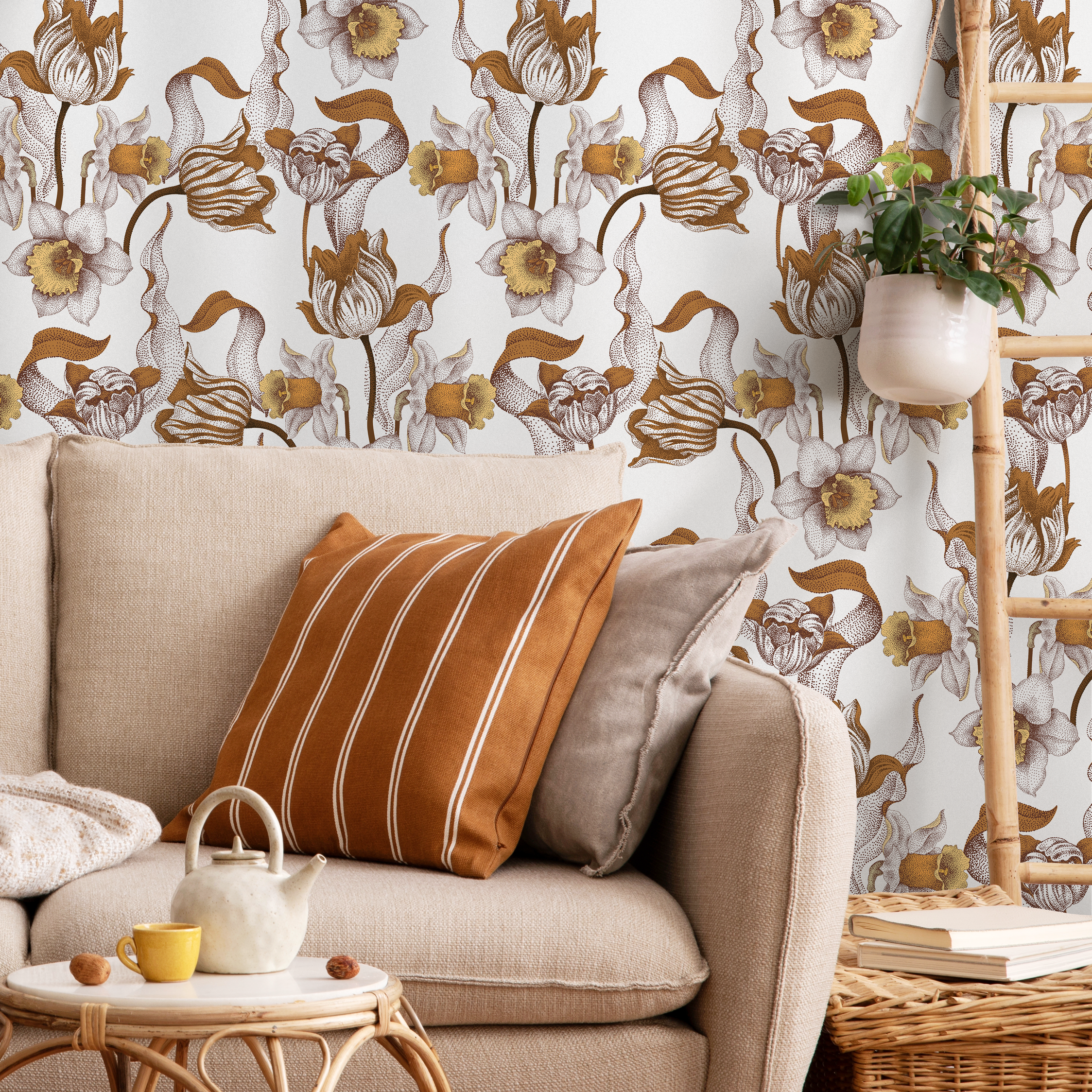 Floral Wallpaper With Pointillism Daffodils In Brown, Yellow, And Beige - C581