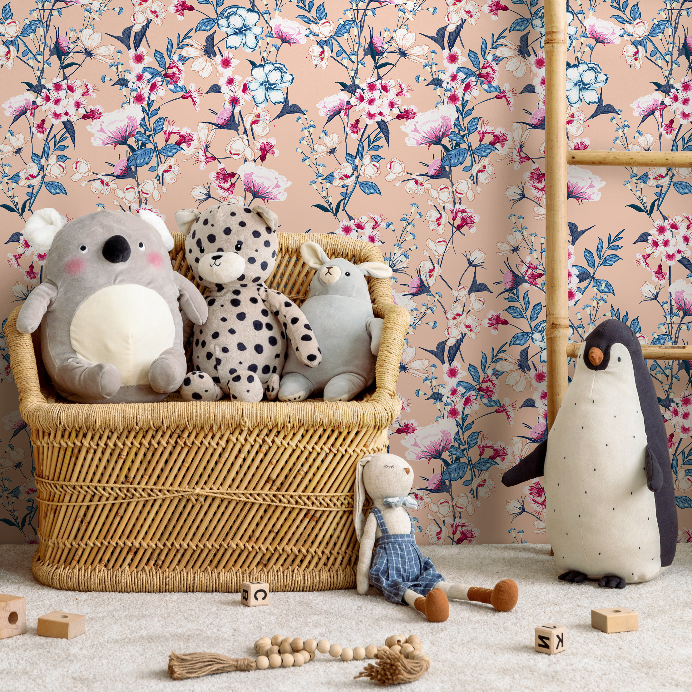 Floral Wallpaper With A Vintage Wildflower Motif In Pink, Blue, And Peach - C583