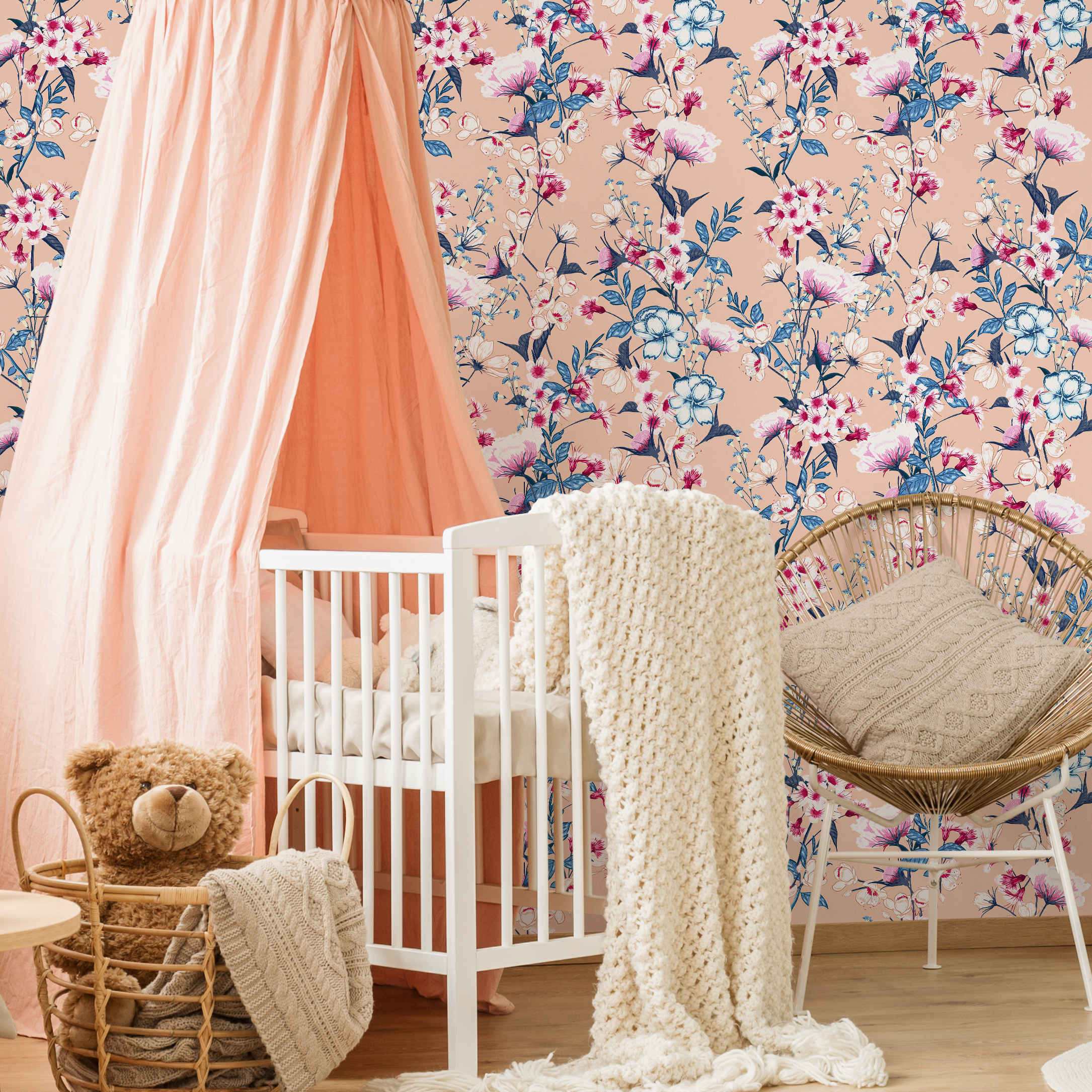 Floral Wallpaper With A Vintage Wildflower Motif In Pink, Blue, And Peach - C583