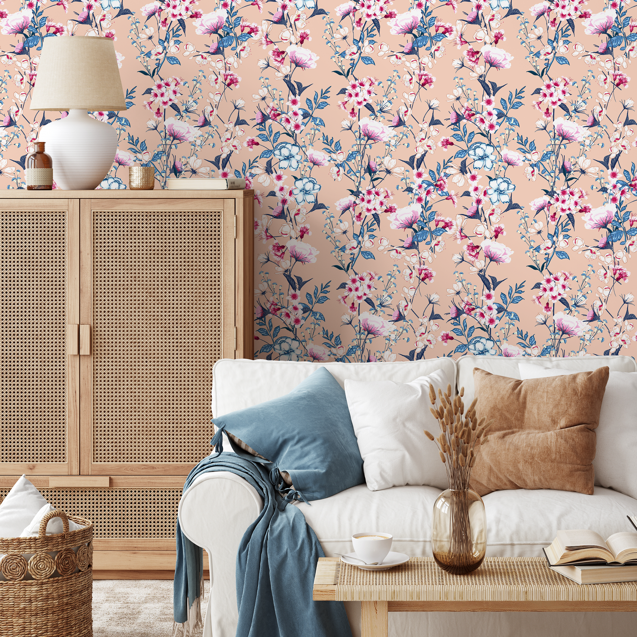 Floral Wallpaper With A Vintage Wildflower Motif In Pink, Blue, And Peach - C583