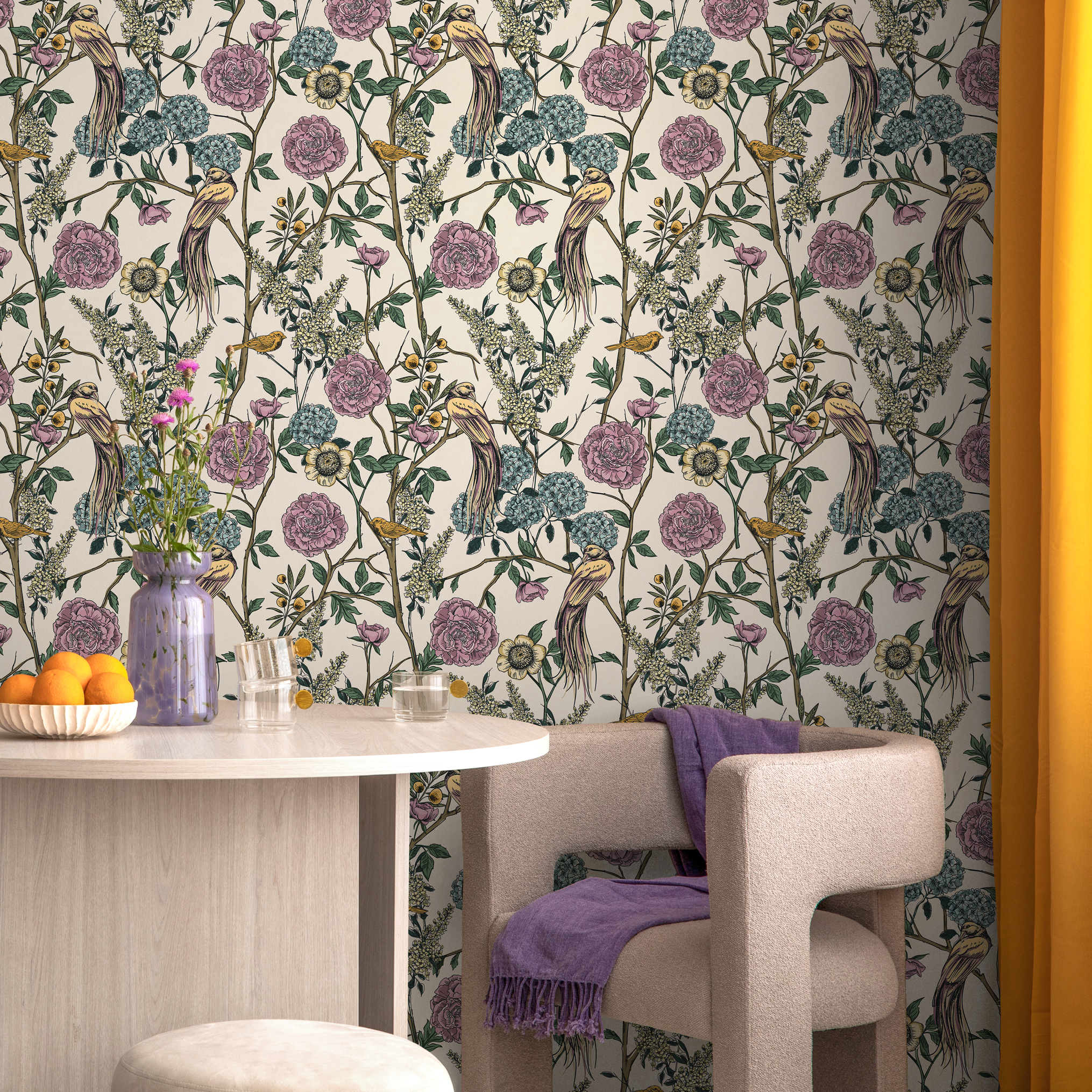 Chinoiserie Wallpaper With Exotic Birds And Blooms In Purple, Blue, And Yellow - C584
