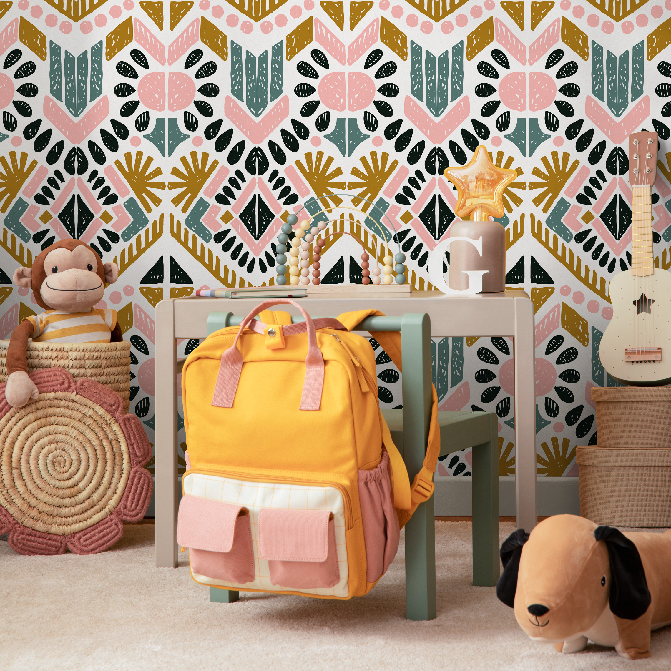 Boho Geometric Wallpaper With A Tribal Motif In Pink, Teal, And Ochre - C586