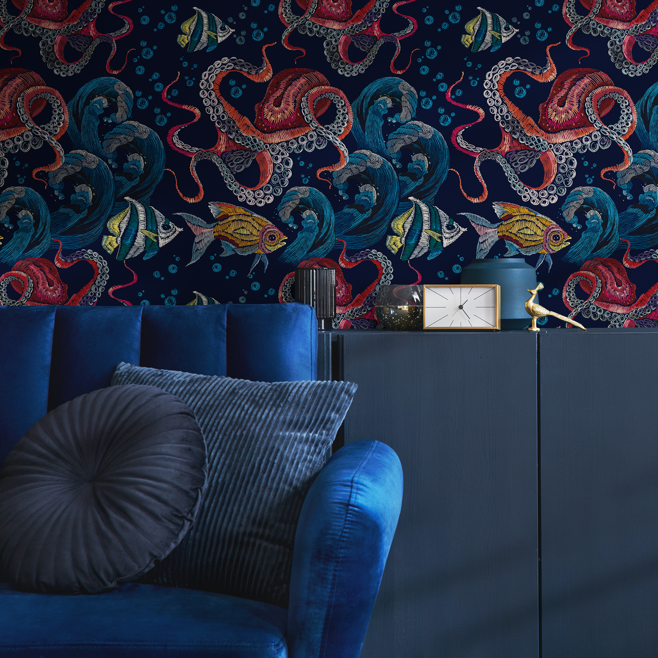 Coastal Wallpaper With An Embroidered Octopus And Fish In Blue, Red, And Yellow - C595