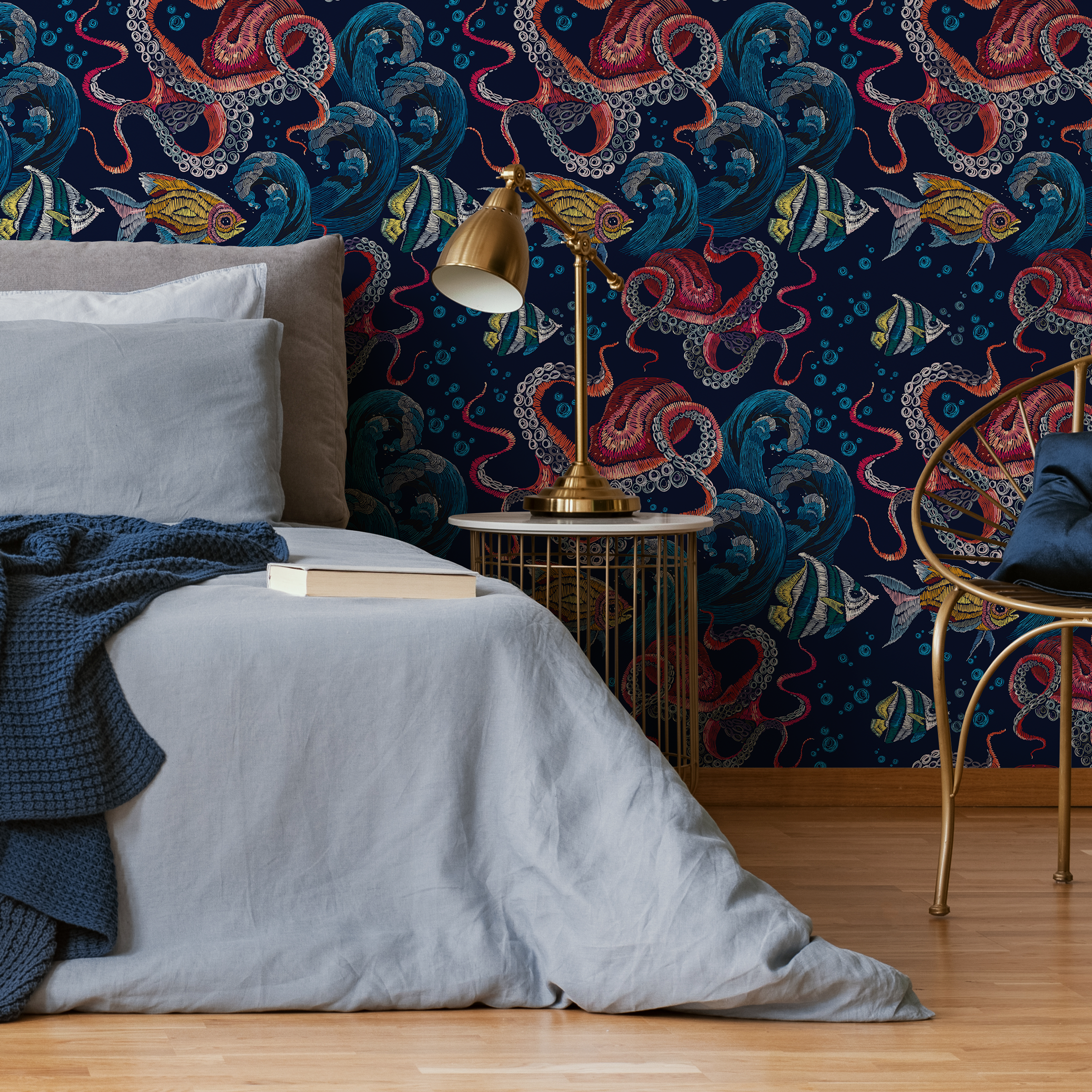 Coastal Wallpaper With An Embroidered Octopus And Fish In Blue, Red, And Yellow - C595