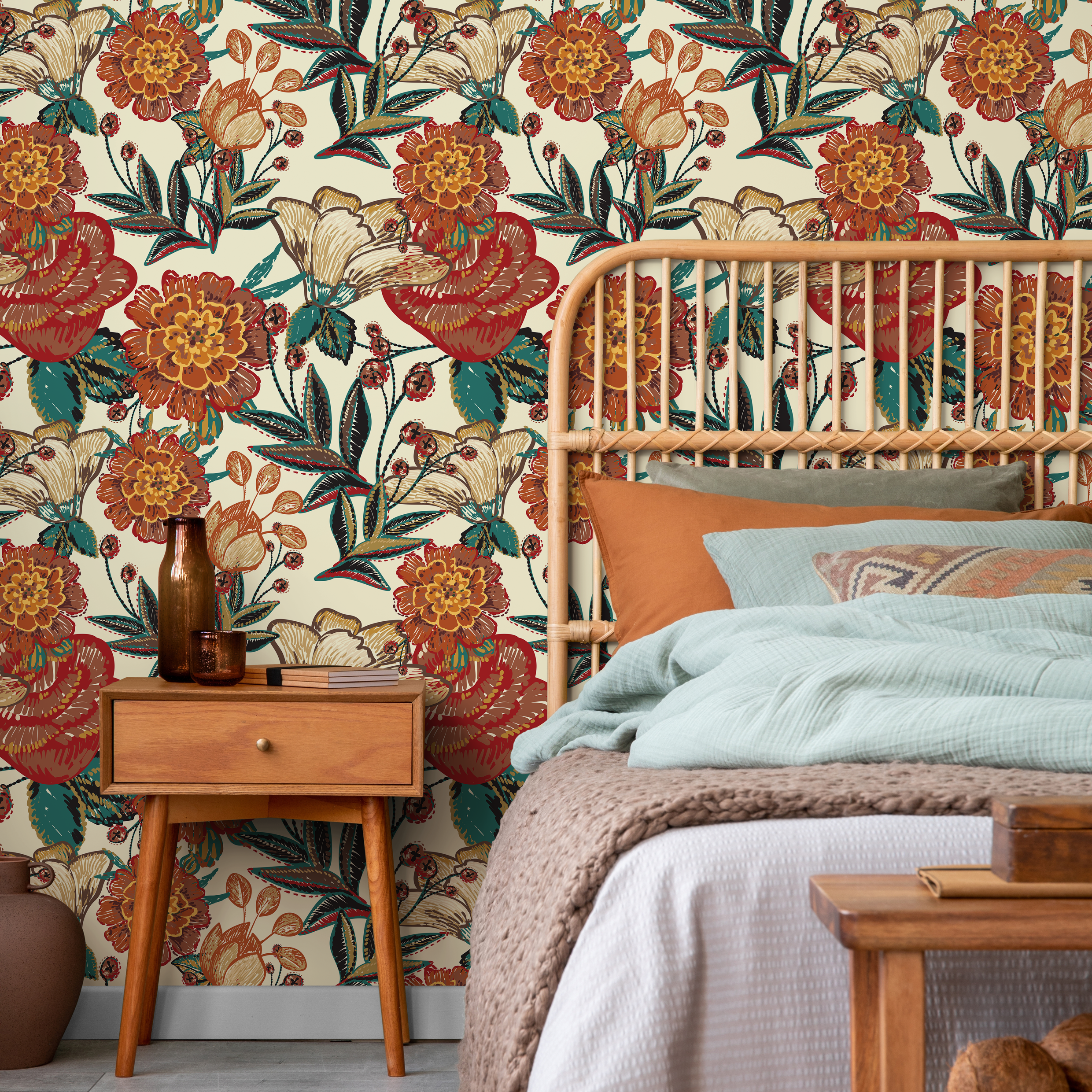 Vintage Floral Wallpaper With An Embroidered Style In Red, Orange, And Teal - C596