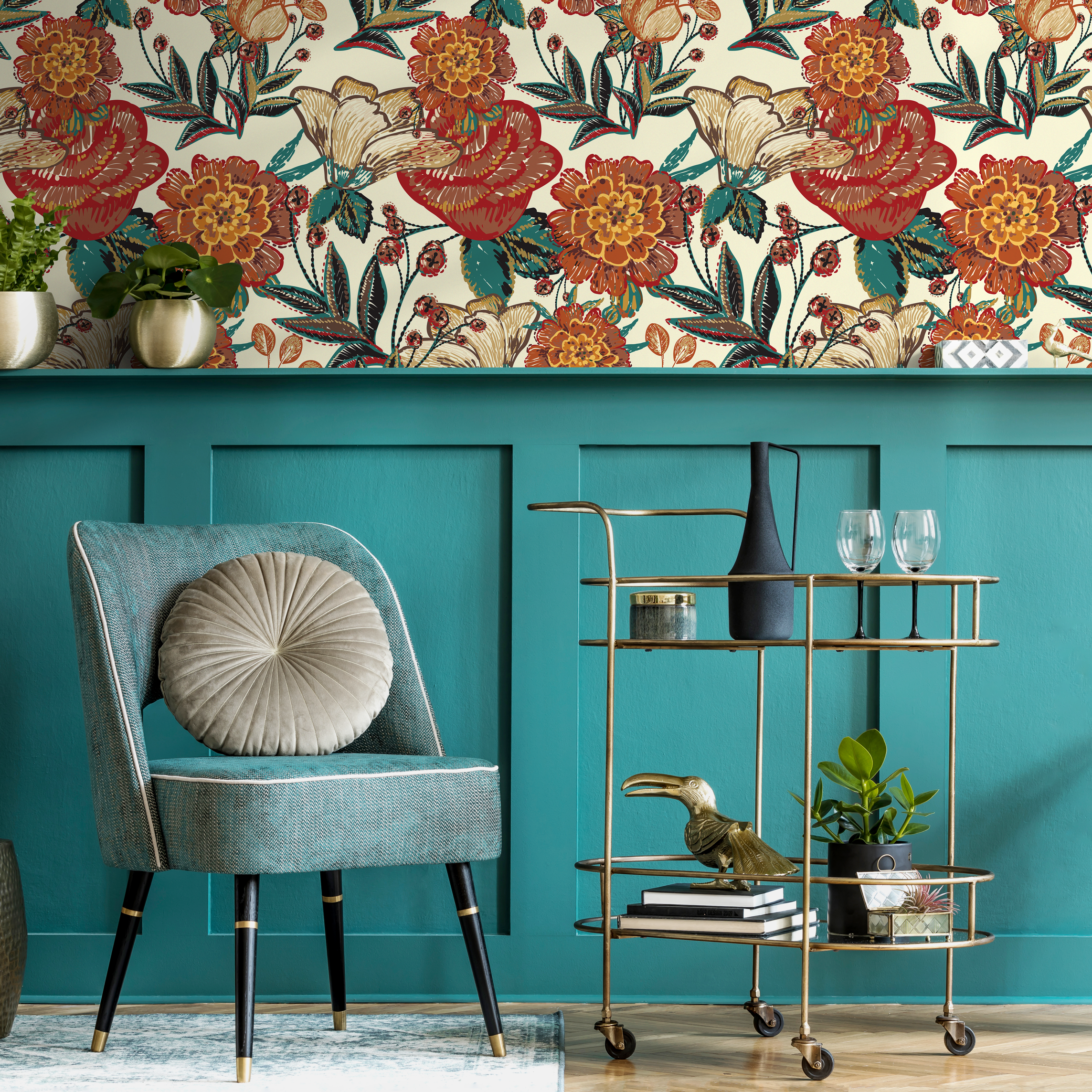 Vintage Floral Wallpaper With An Embroidered Style In Red, Orange, And Teal - C596