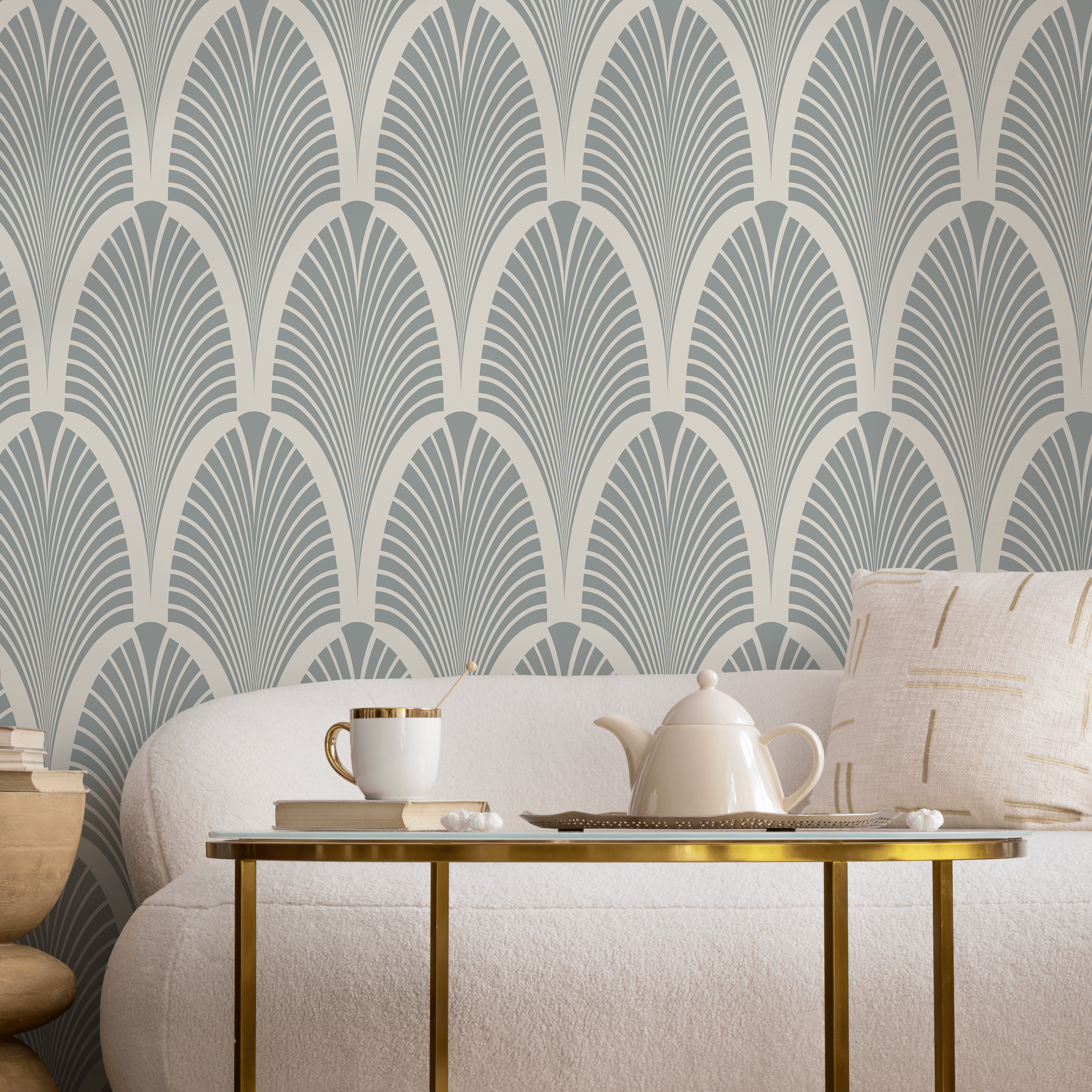 Art Deco Wallpaper With A Stylized Fan Motif In Sage Green And Beige - C598