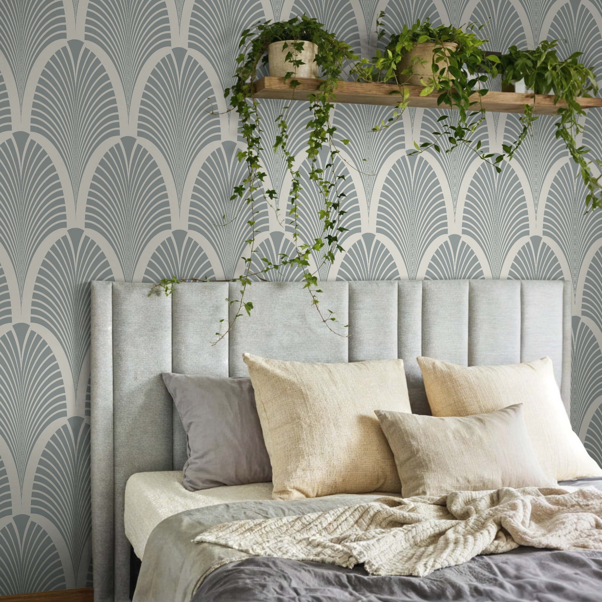 Art Deco Wallpaper With A Stylized Fan Motif In Sage Green And Beige - C598
