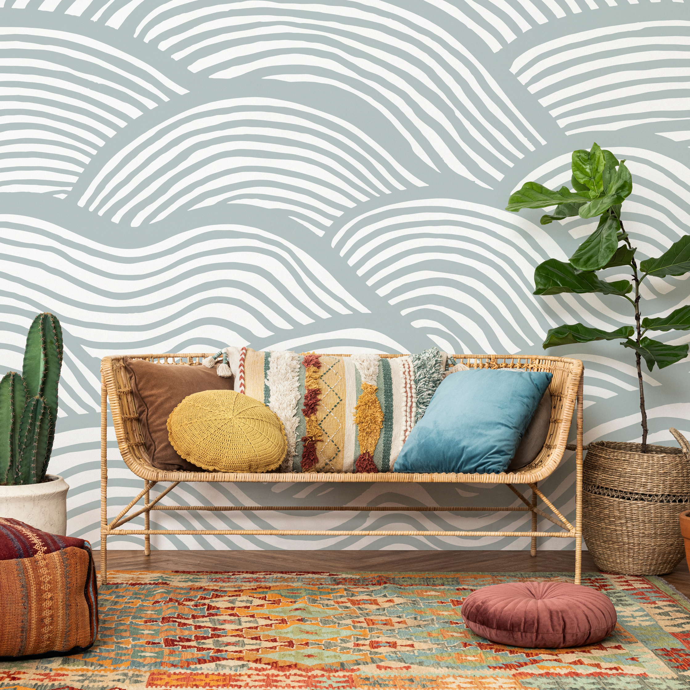 Coastal Wallpaper Featuring Abstract Rolling Waves In Pale Blue And White - C599
