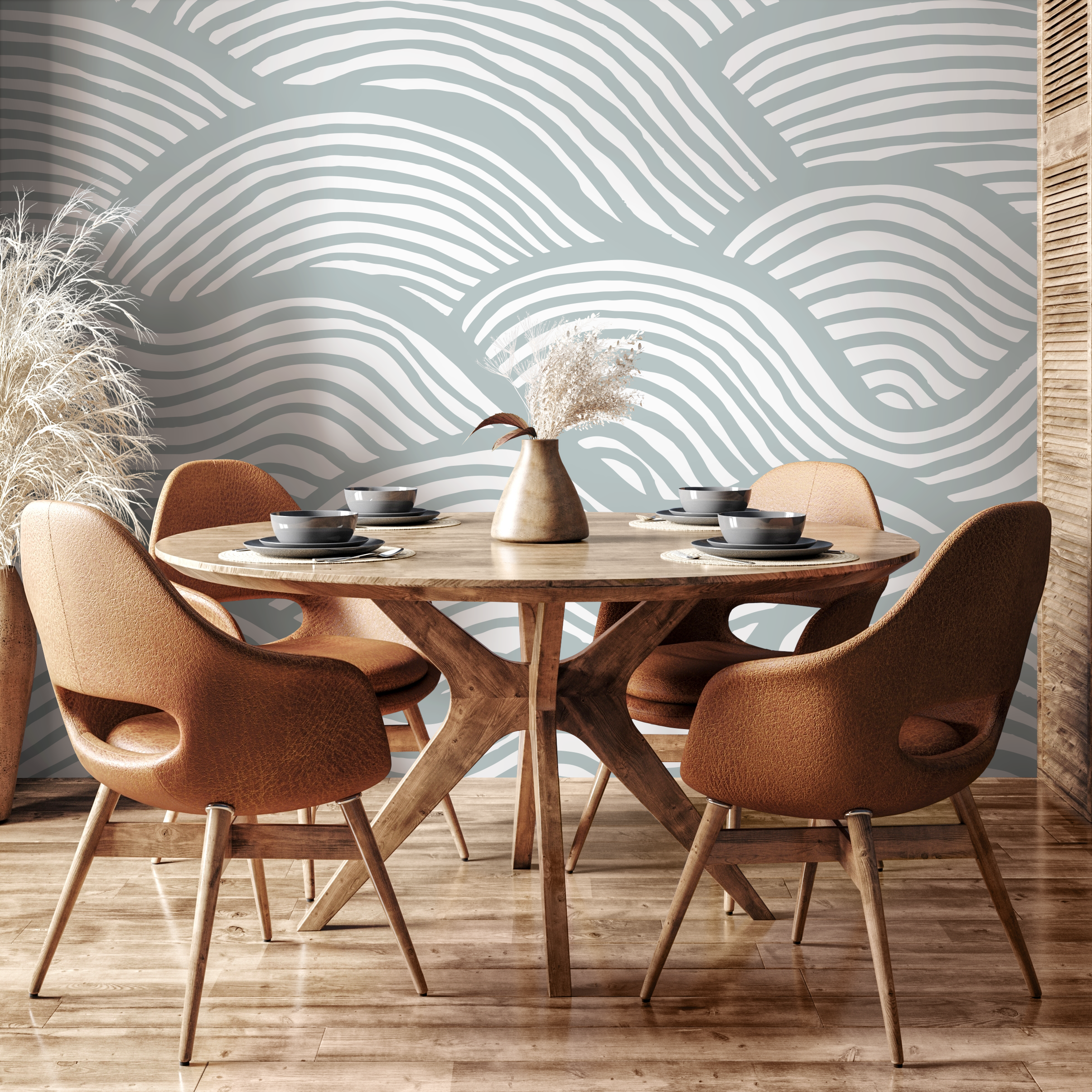 Coastal Wallpaper Featuring Abstract Rolling Waves In Pale Blue And White - C599