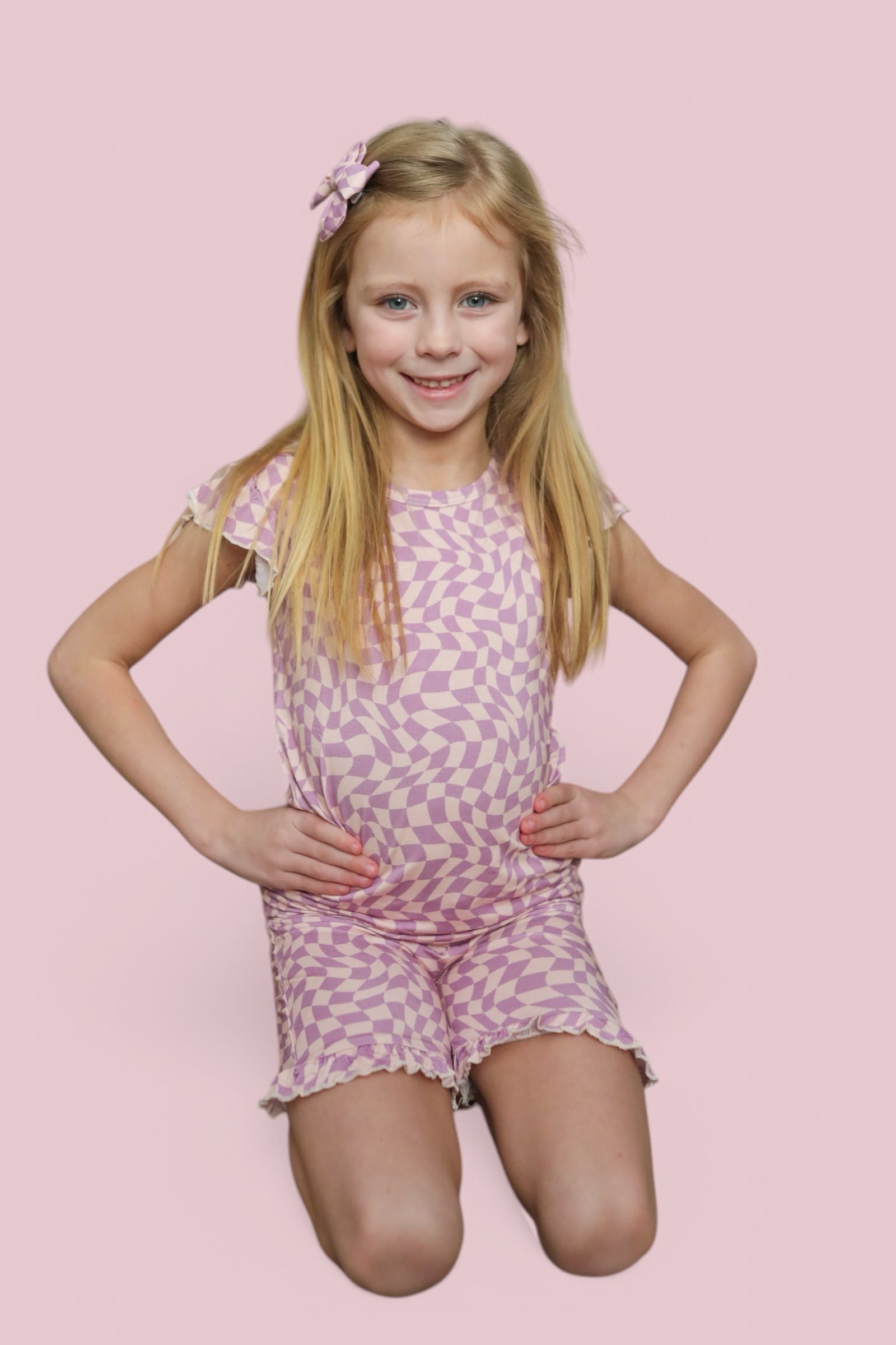 Plum Wavy Checkers Dream Ruffle Short Set