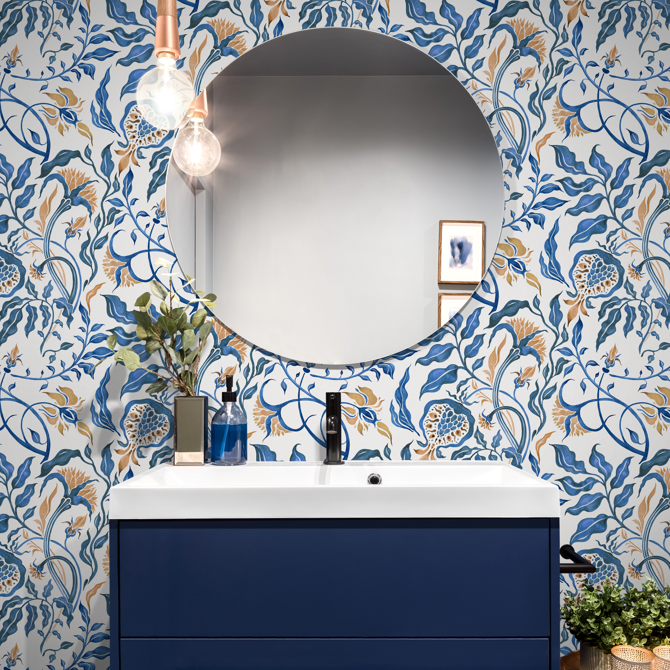 Vintage Wallpaper Featuring Art Nouveau Floral Vines In Blue And Gold - C600