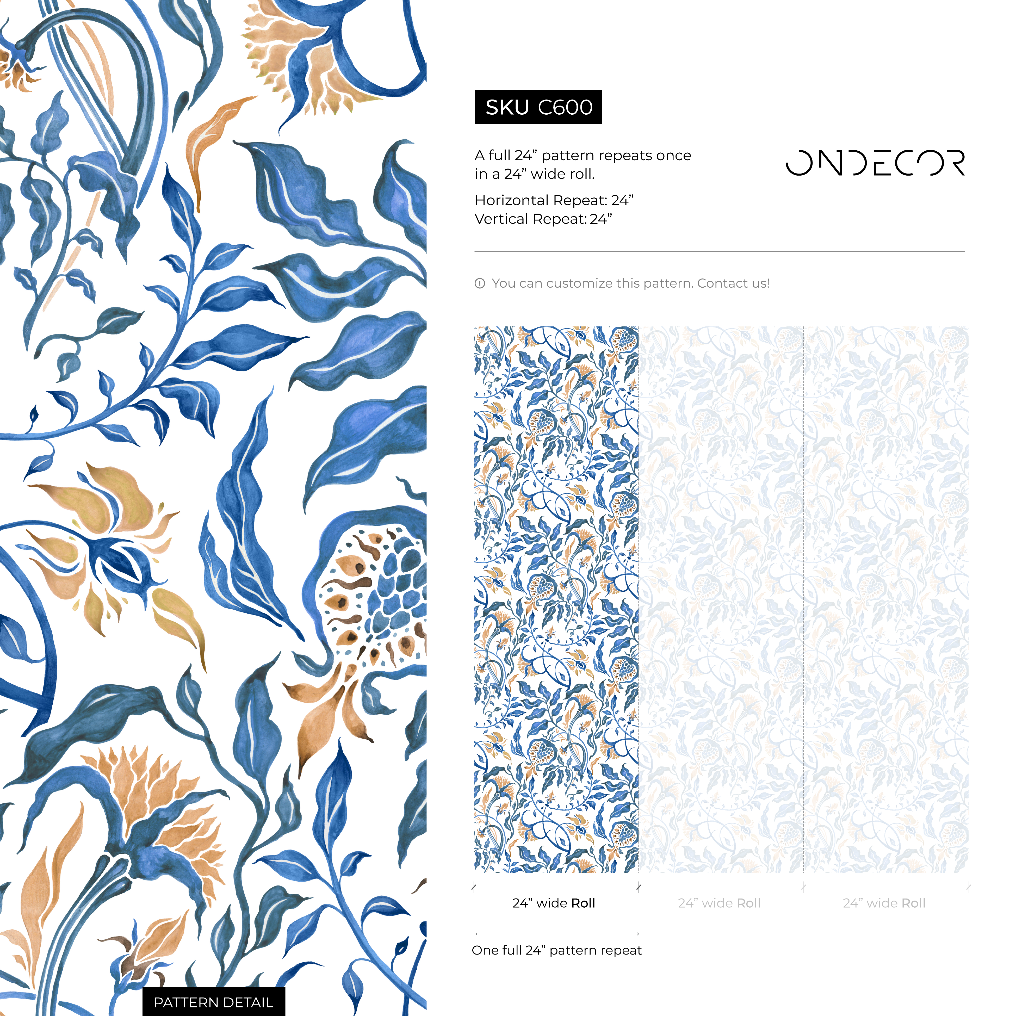 Vintage Wallpaper Featuring Art Nouveau Floral Vines In Blue And Gold - C600