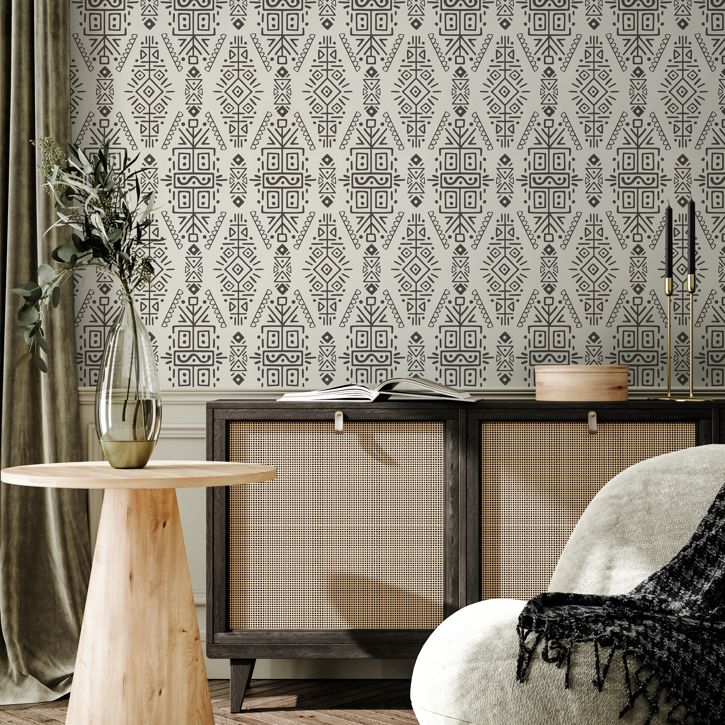 Tribal Wallpaper With A Geometric Ethnic Motif In Beige And Black - C607