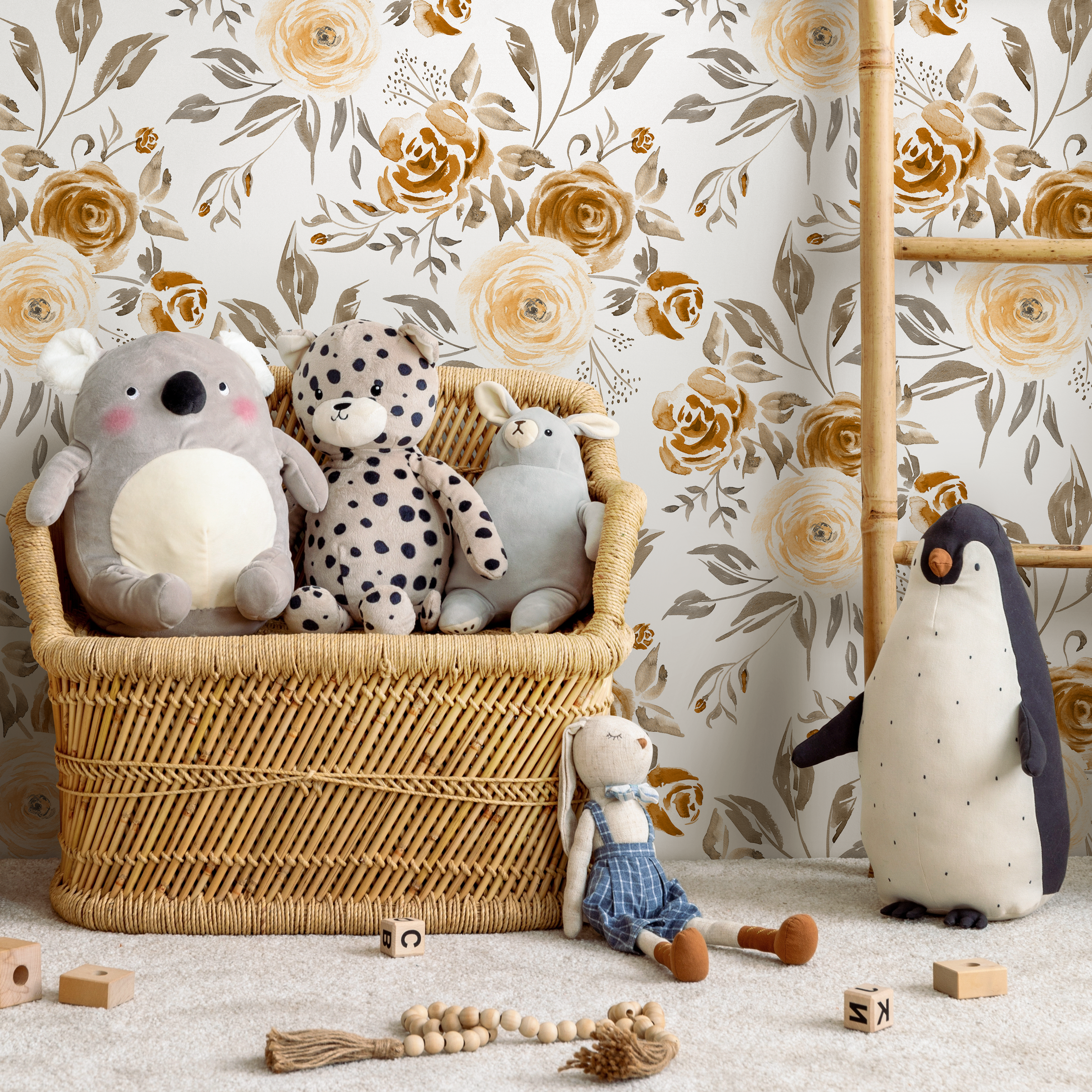 Floral Wallpaper With A Watercolor Rose Motif In Yellow, Gold, And Gray - C615