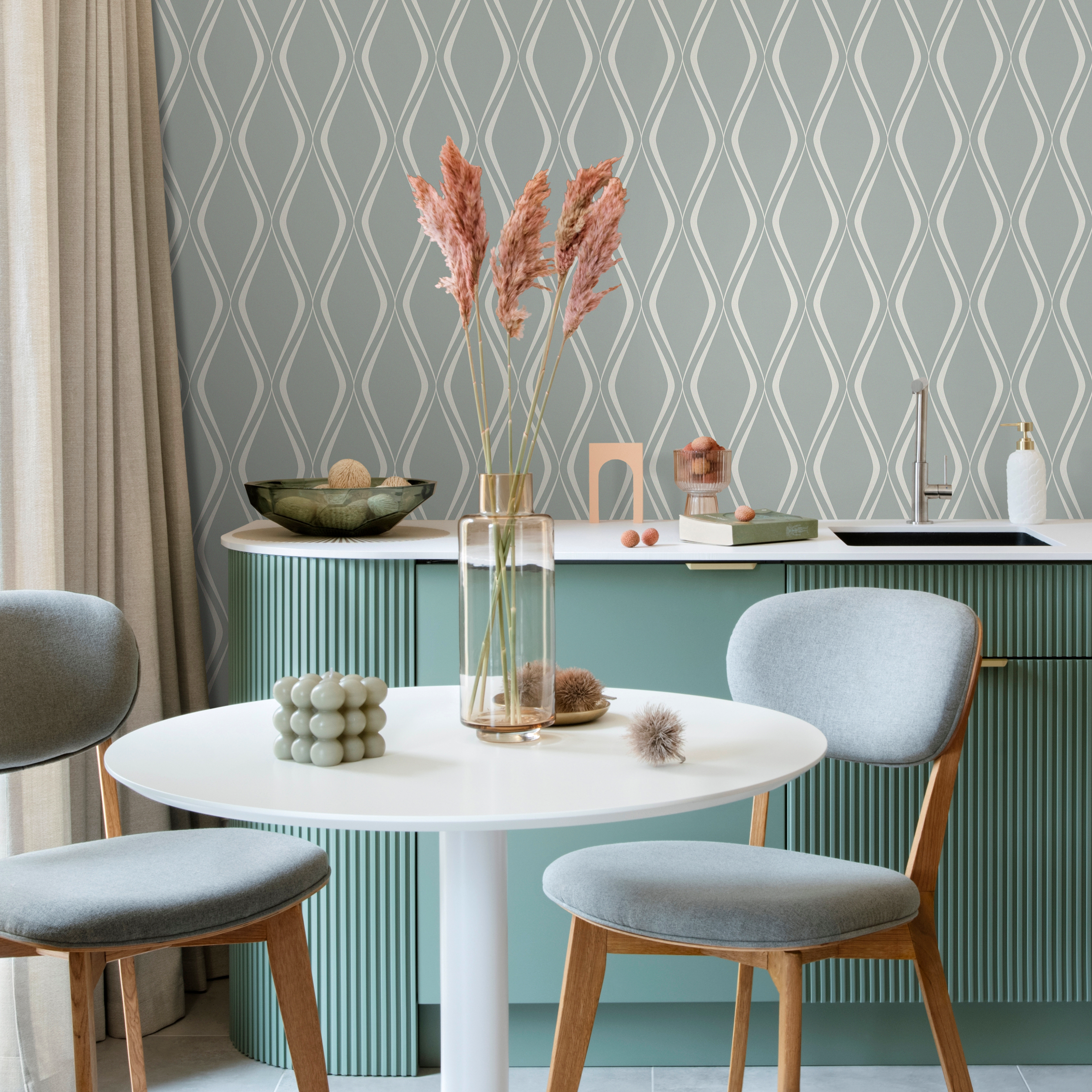 Geometric Wallpaper With A Flowing Wave Motif In Green And White - C616